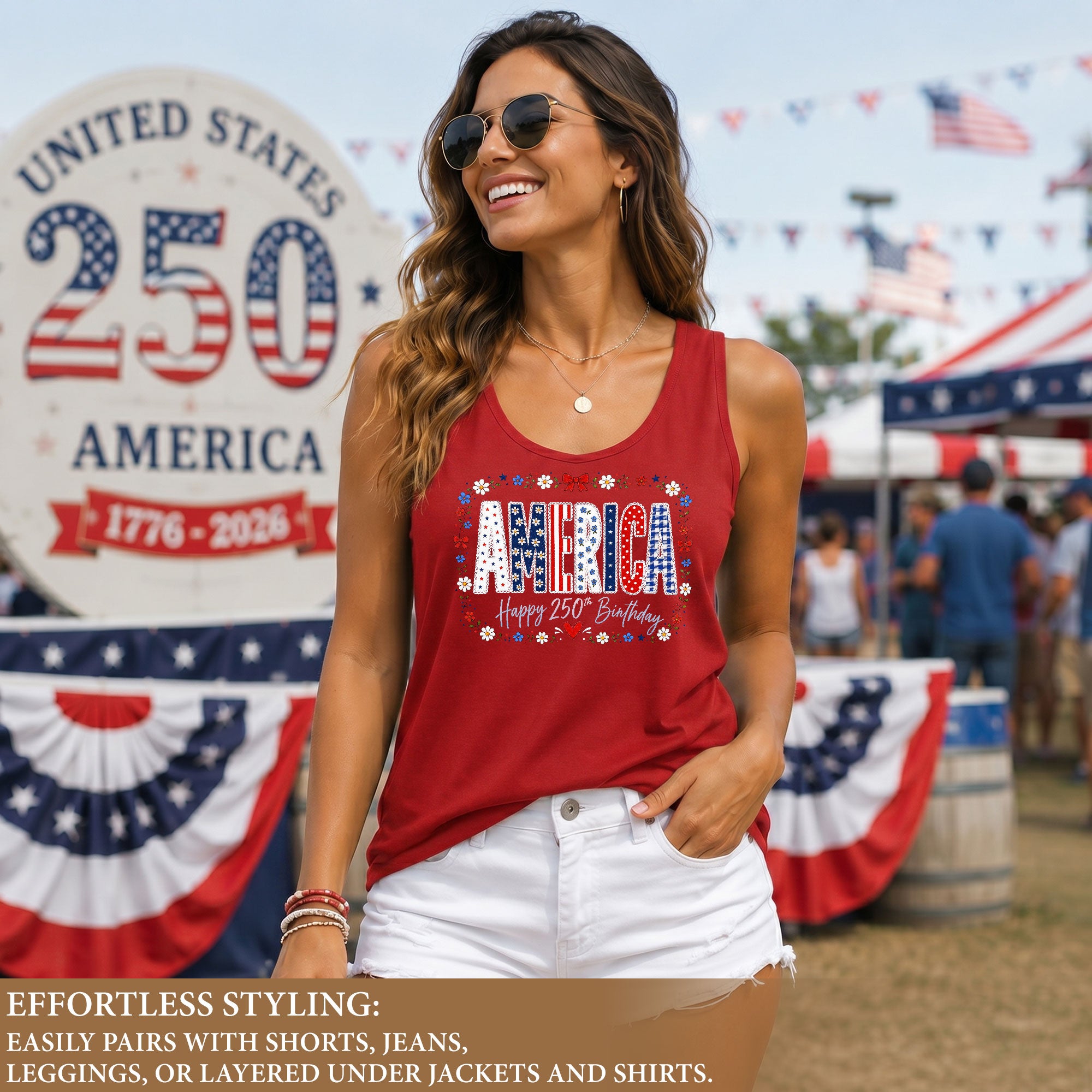 Women's Patriotic Tank Top America Happy 250th Birthday Floral Graphic Summer Shirt