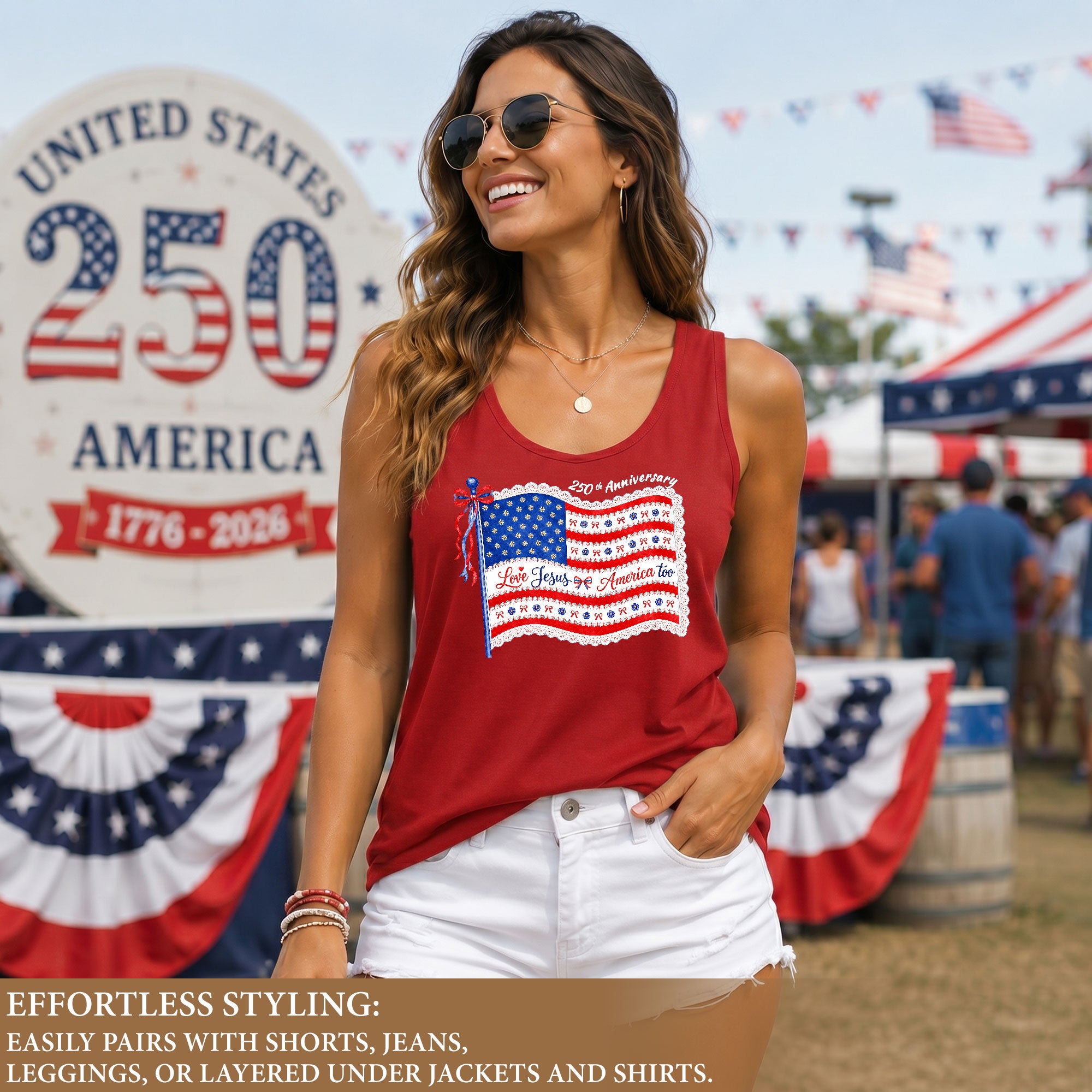 Women's Patriotic Tank Top "Love Jesus & America Too" 250th Anniversary Flag Shirt