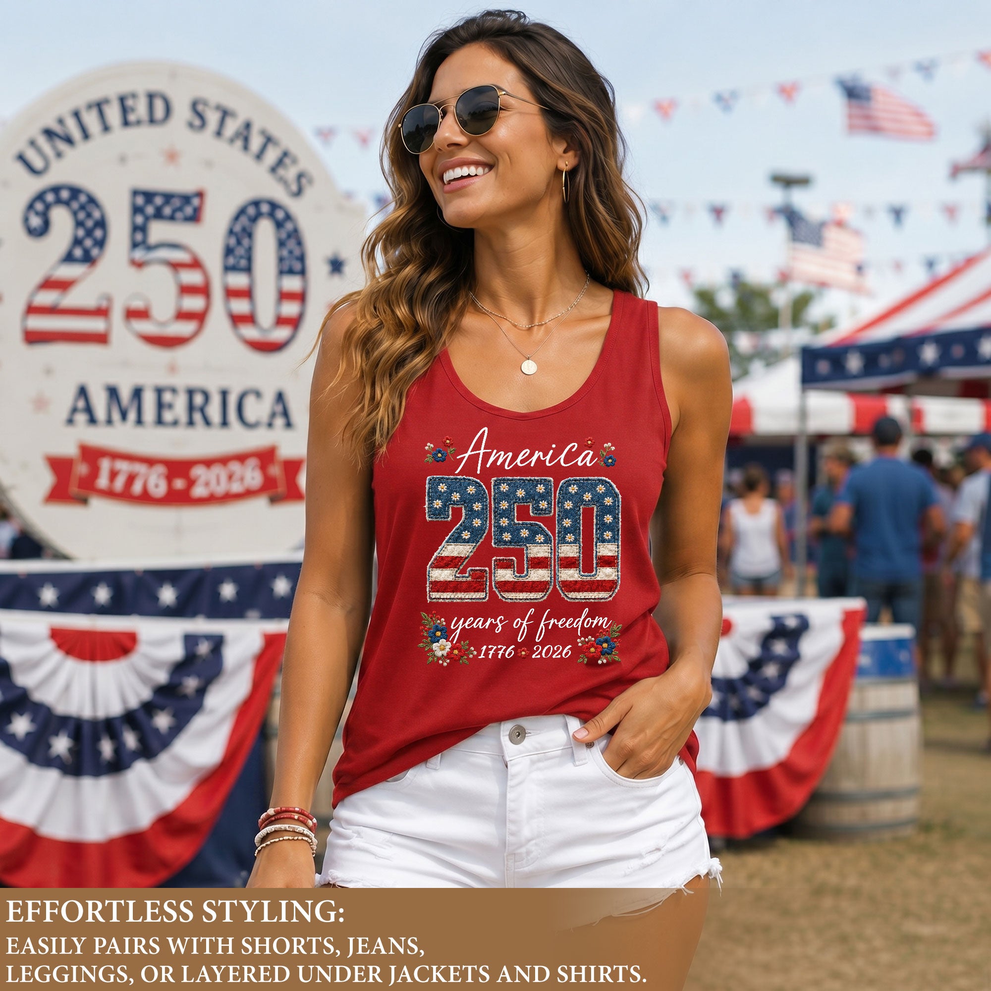 Floral America 250 Years of Freedom Tank Top Women's US Anniversary Graphic Shirt