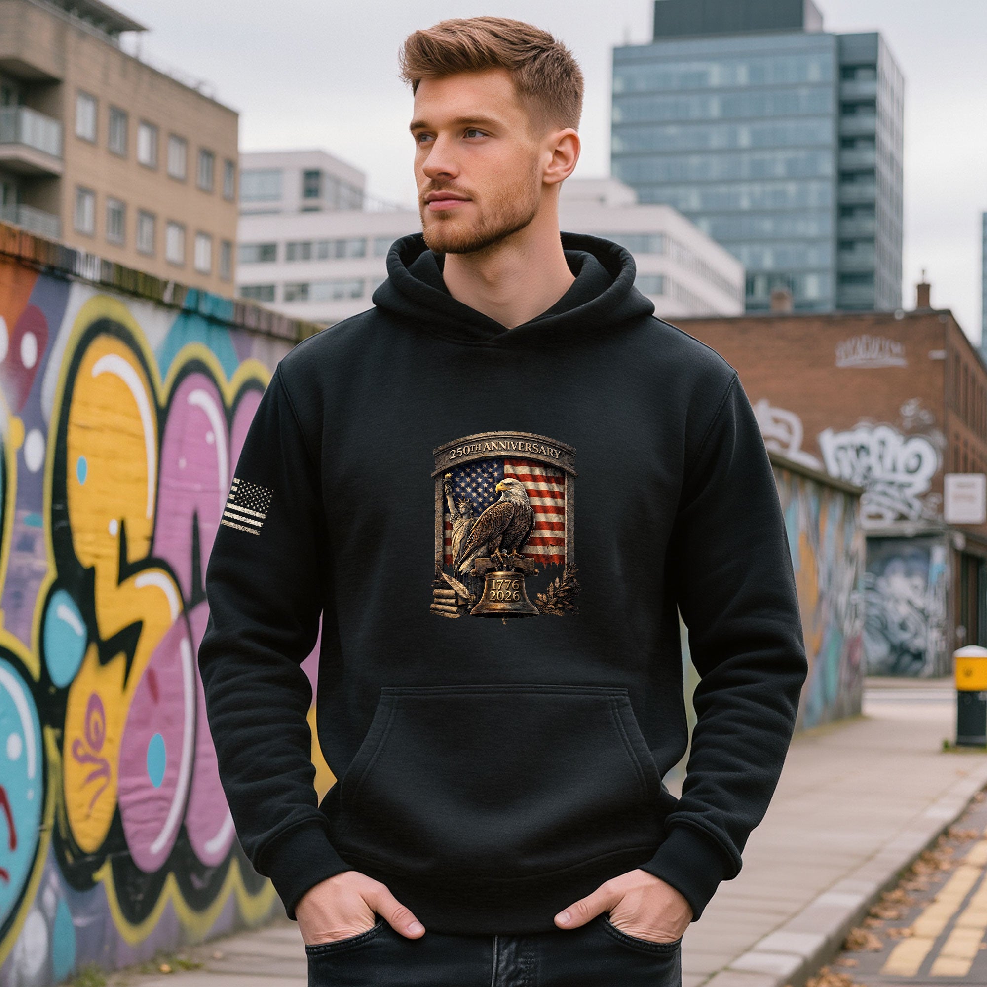 USA 250 Years Anniversary Hoodie 1776-2026 American Heroes Liberty Bell & George Washington Patriotic