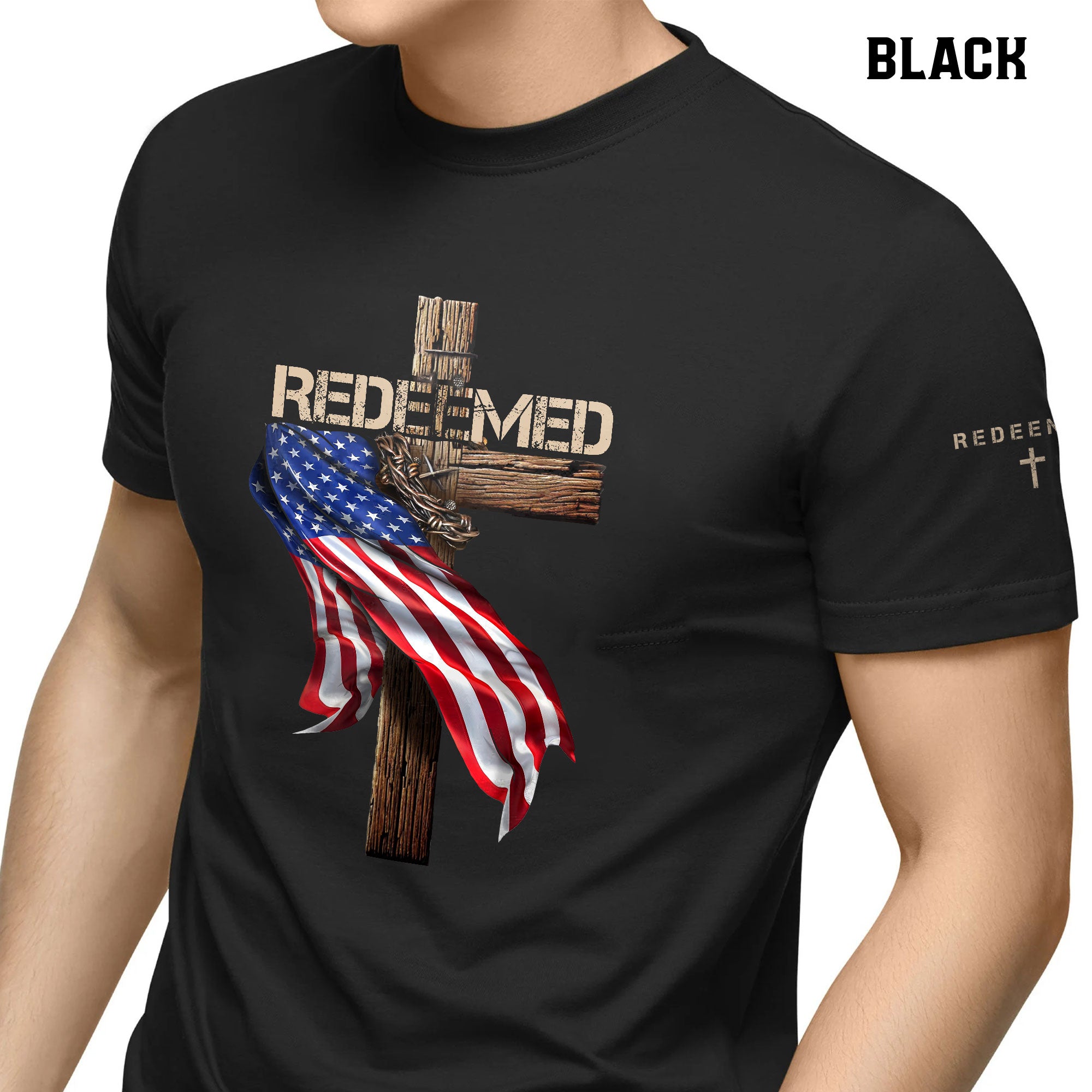 Redeemed by Christ T-Shirt – American Flag Cross