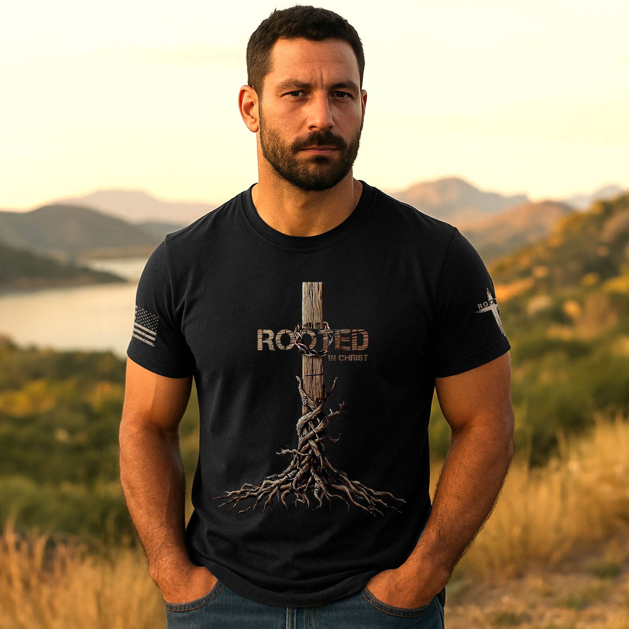 Rooted in Christ Cross & Roots Christian T-Shirt - Rust Field Wear