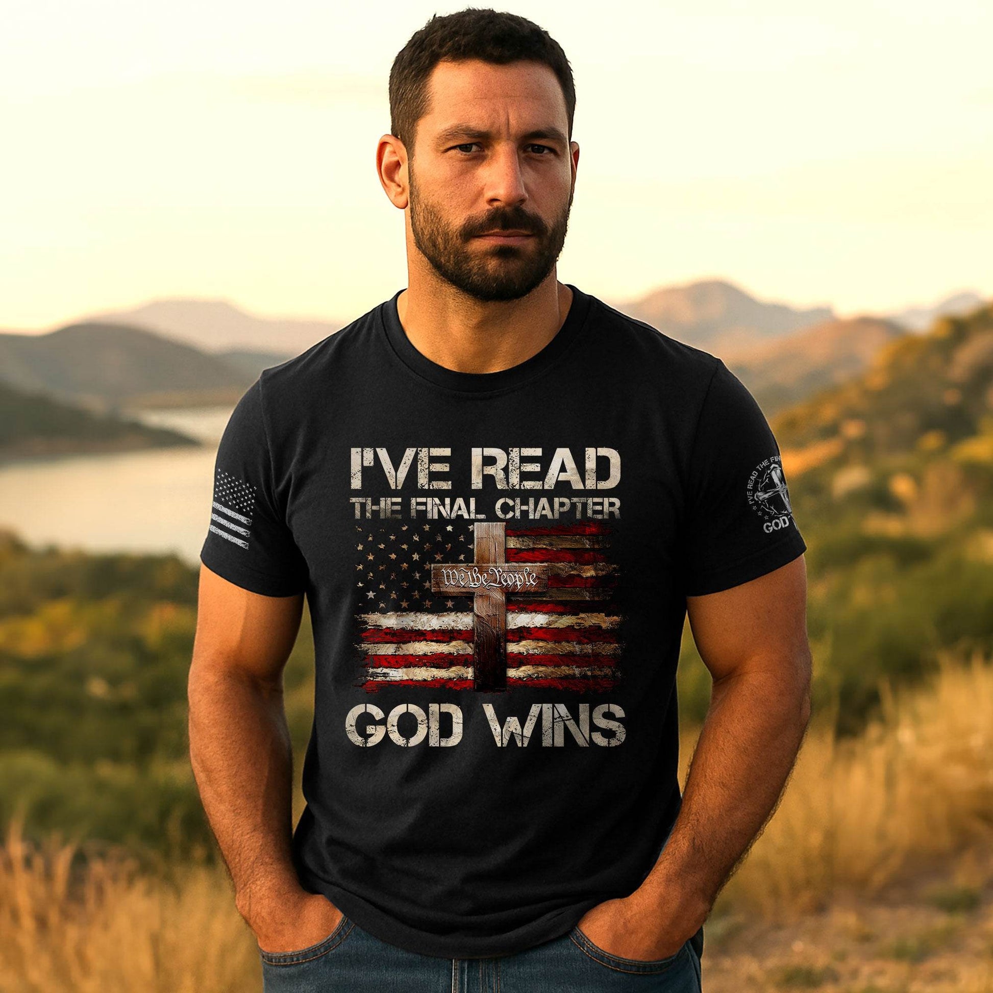 God Wins Christian American Flag Cross T-shirt - Rust Field Wear