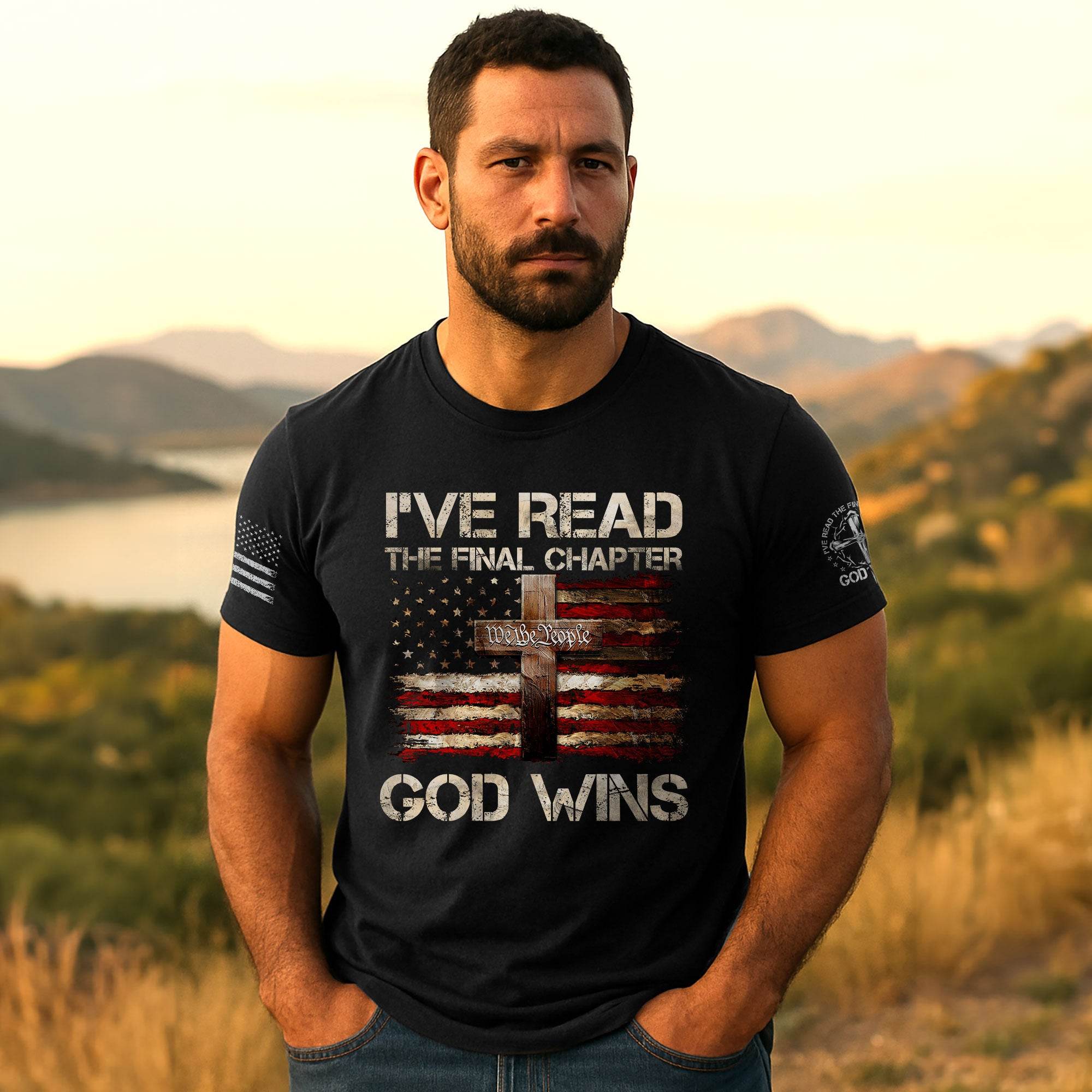 God Wins Christian American Flag Cross T-shirt - Rust Field Wear
