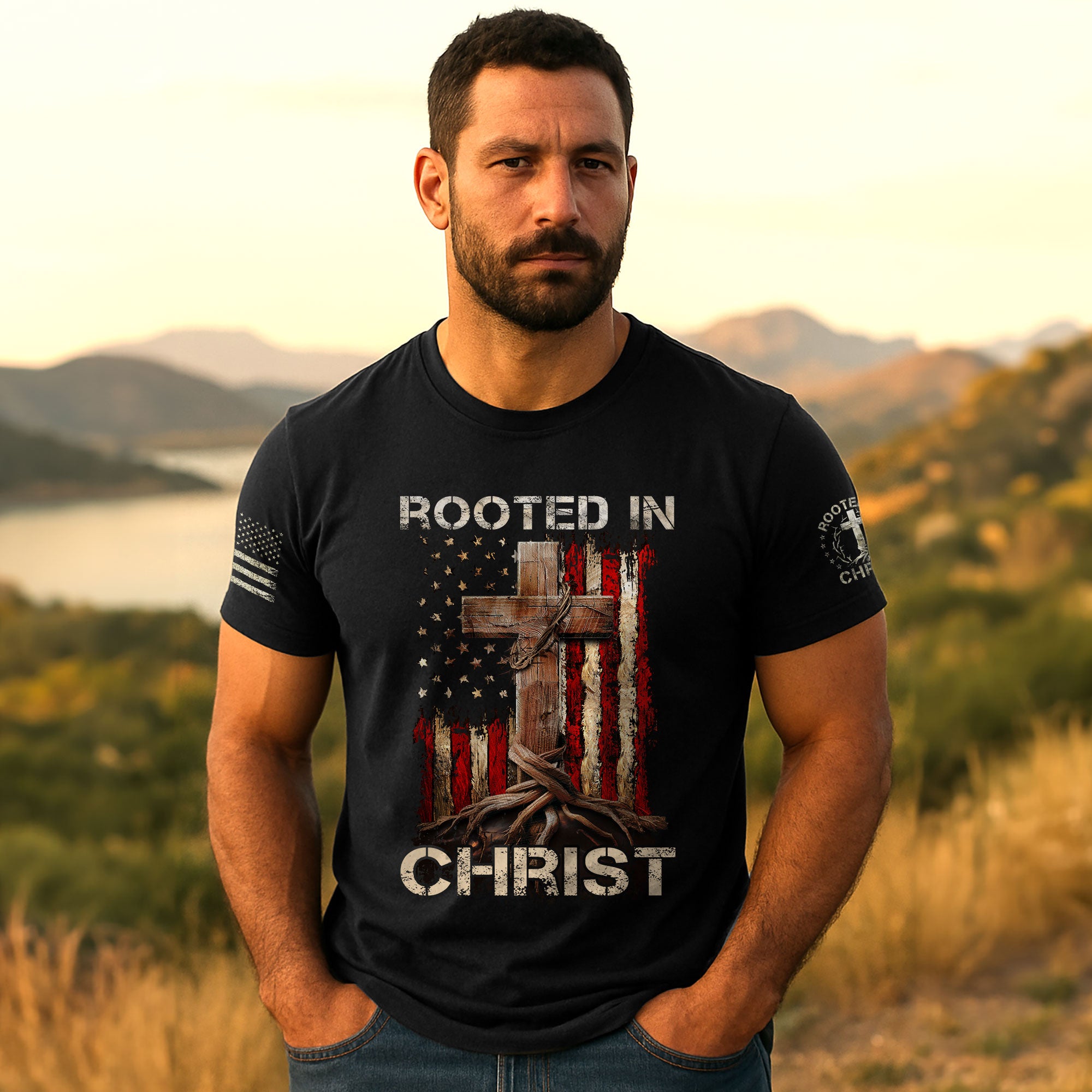Rooted In Christ American Flag Cross T-Shirt