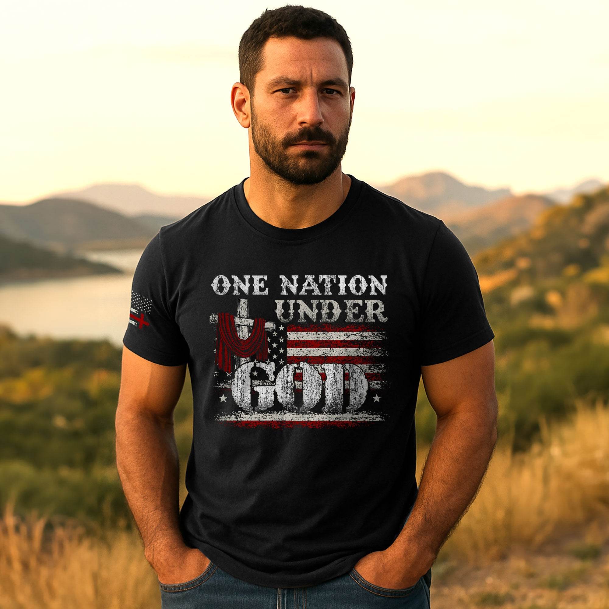 One Nation Under God T-Shirt – Cross & American Flag - Rust Field Wear