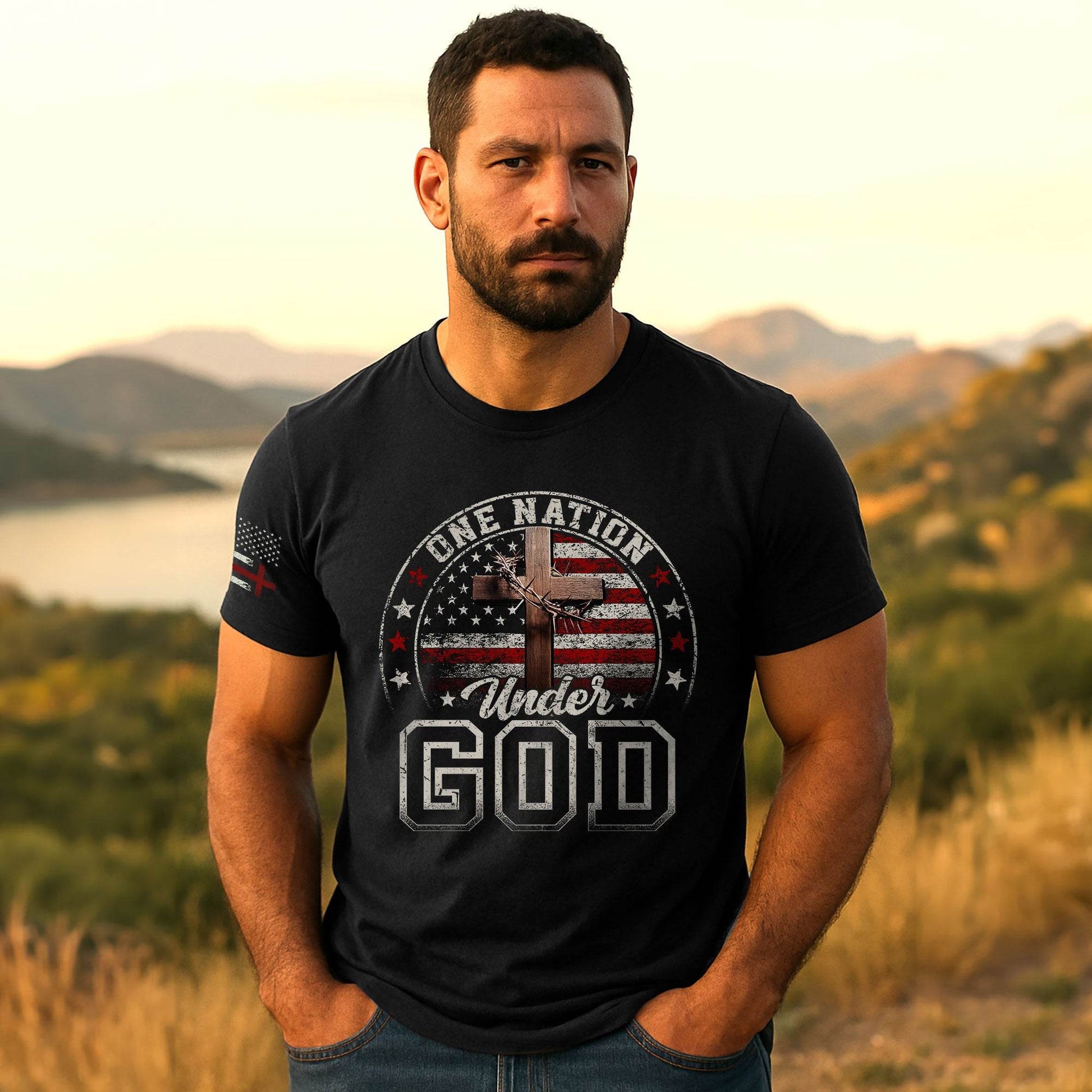 One Nation Under God Christian American Flag Cross Shirt - Rust Field Wear