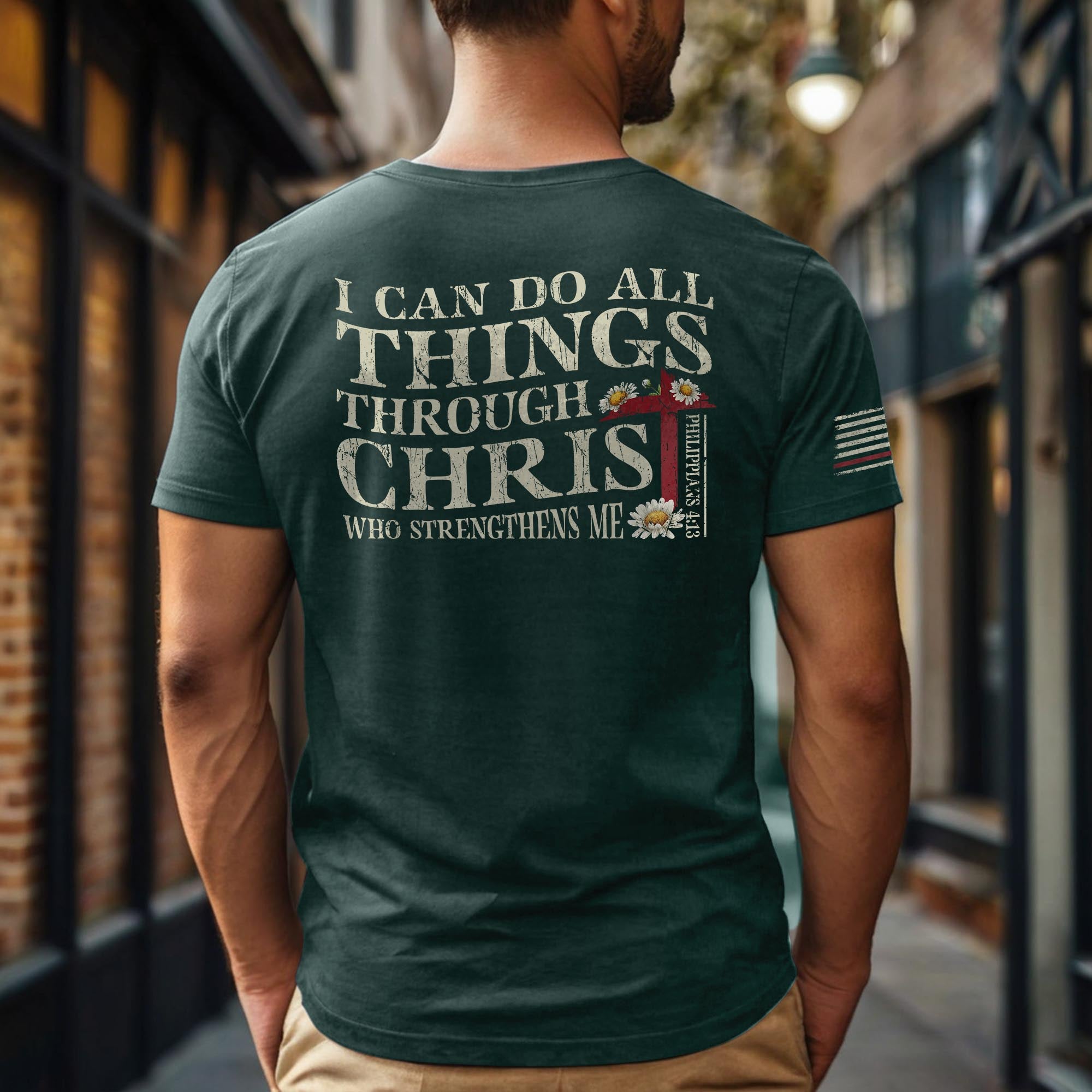 Philippians 4:13 Shirt – I Can Do All Things Through Christ American Flag Tee