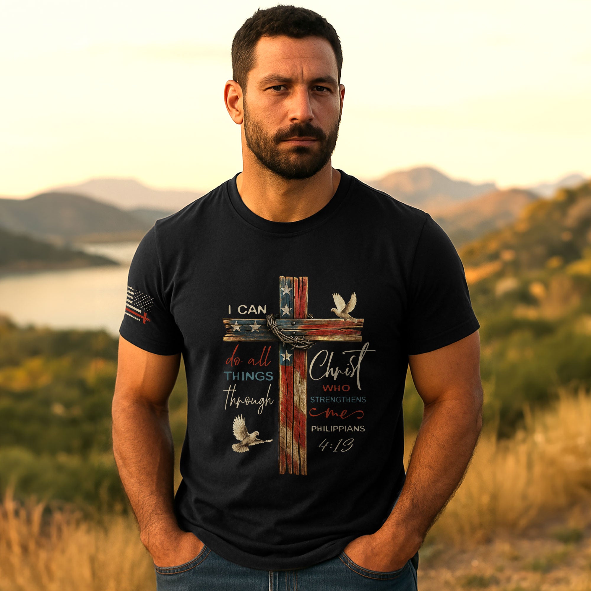 Philippians 4:13 Shirt – I Can Do All Things Through Christ Flag Cross Christian Tee