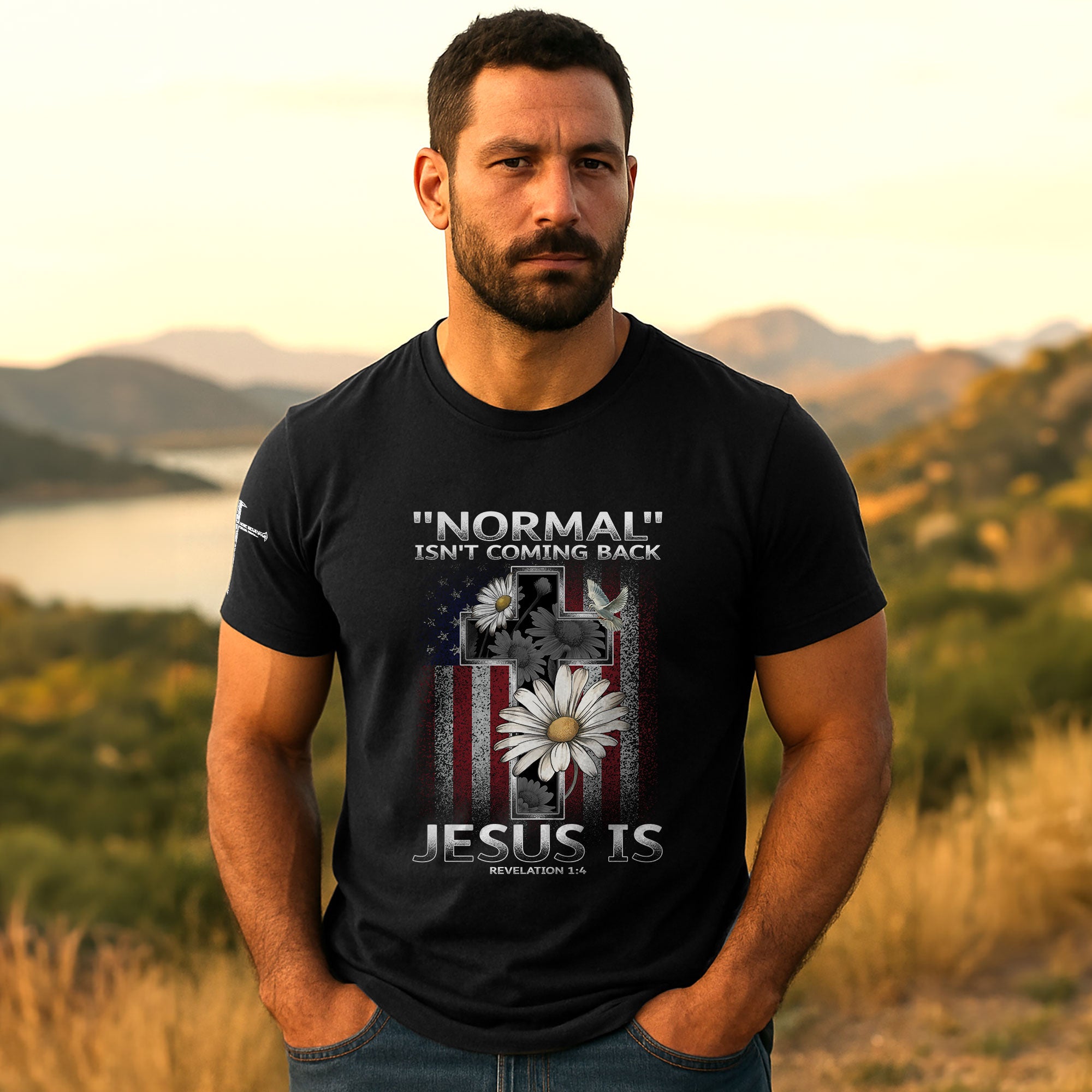 Normal Isn’t Coming Back – Jesus Is Shirt | Revelation 1:4 Christian Flag Cross Tee
