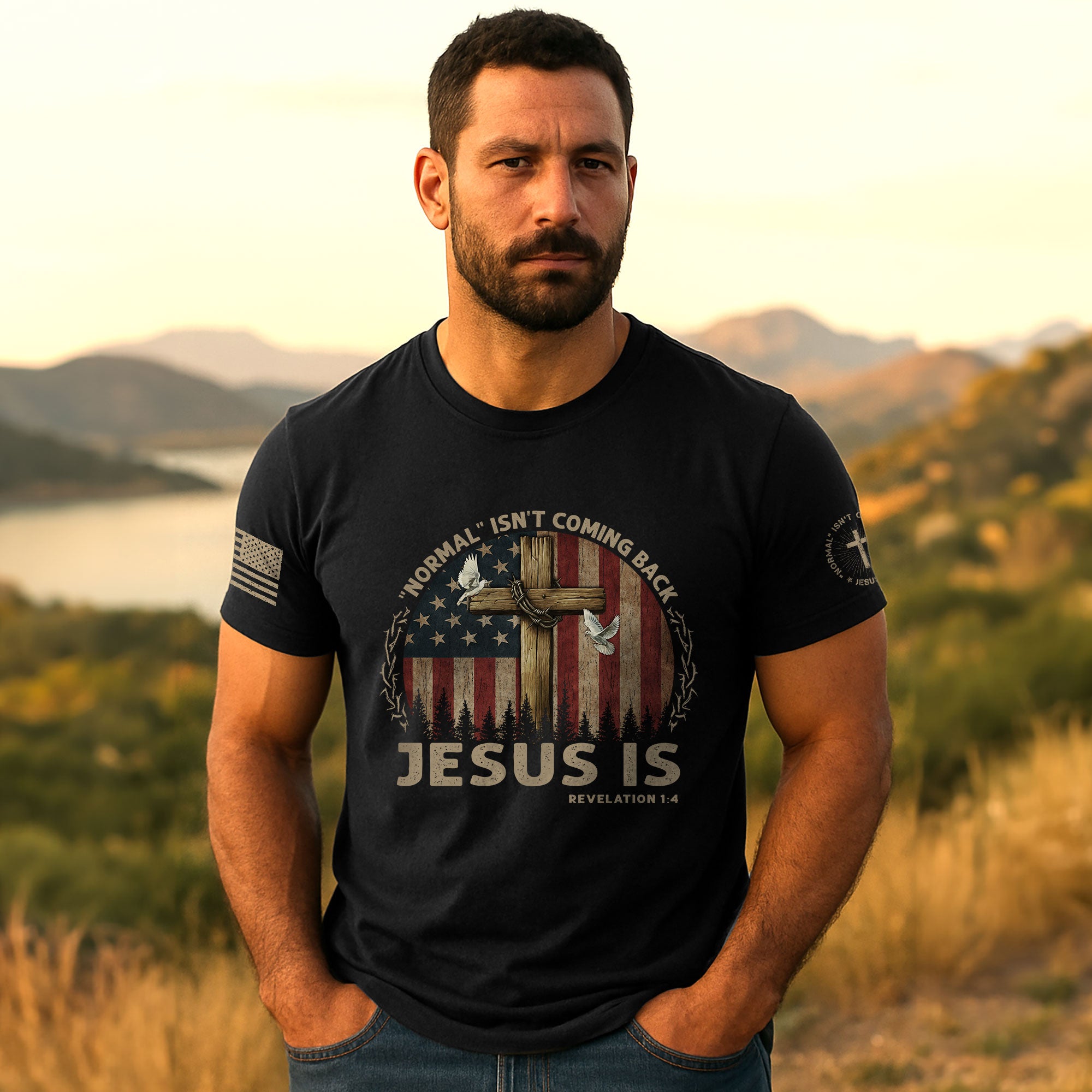 Jesus Is Coming Shirt – “Normal Isn’t Coming Back” Revelation 1:4 USA Flag Cross Tee