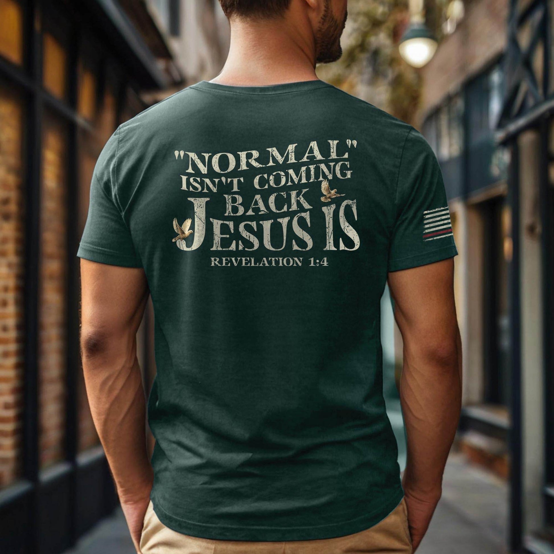 Jesus Is Coming Back Shirt – “Normal Isn’t Coming Back” Revelation 1:4 2-Sided Christian Tee - Rust Field Wear