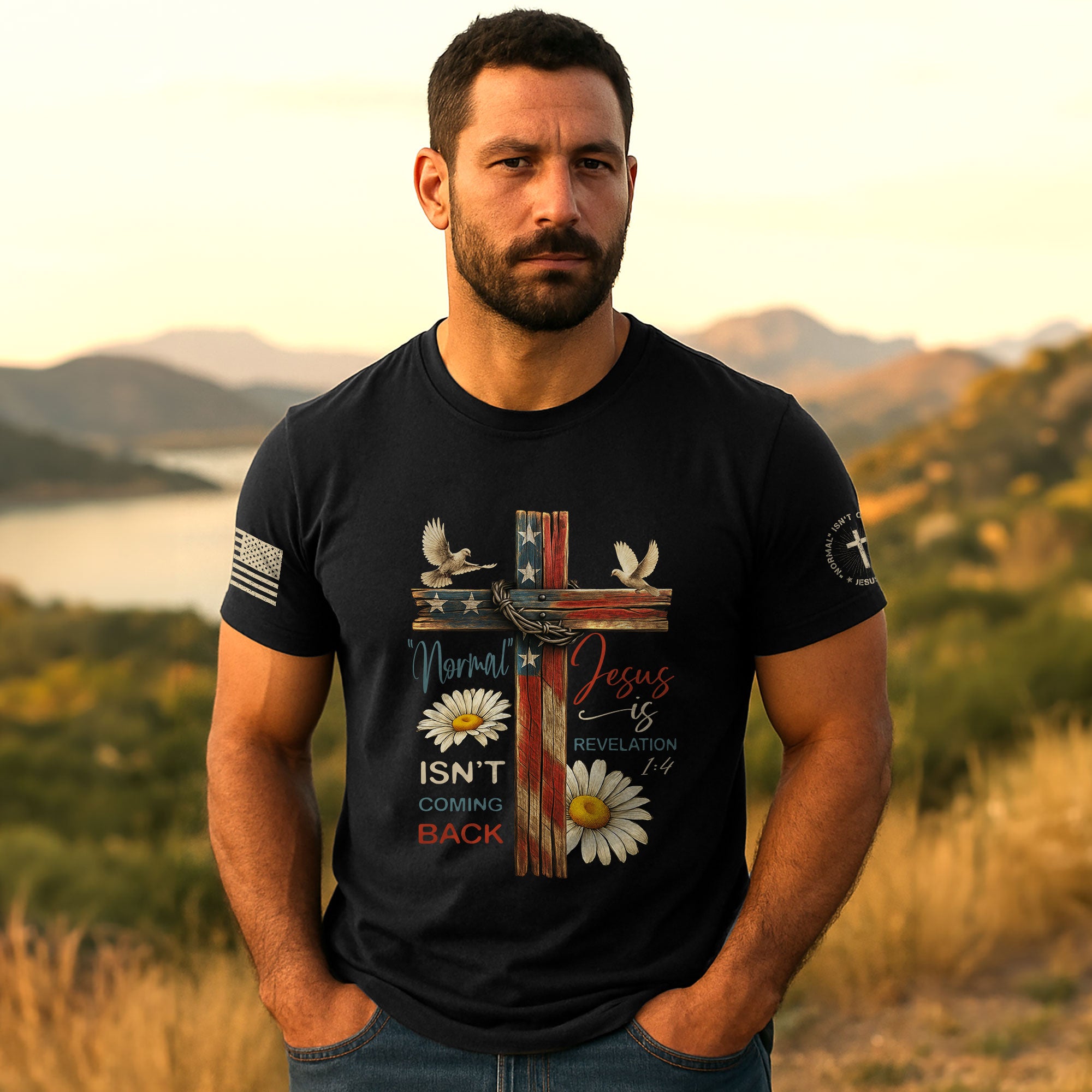 Normal Isn’t Coming Back – Jesus Is Shirt | Revelation 1:4 Floral USA Flag Cross Tee