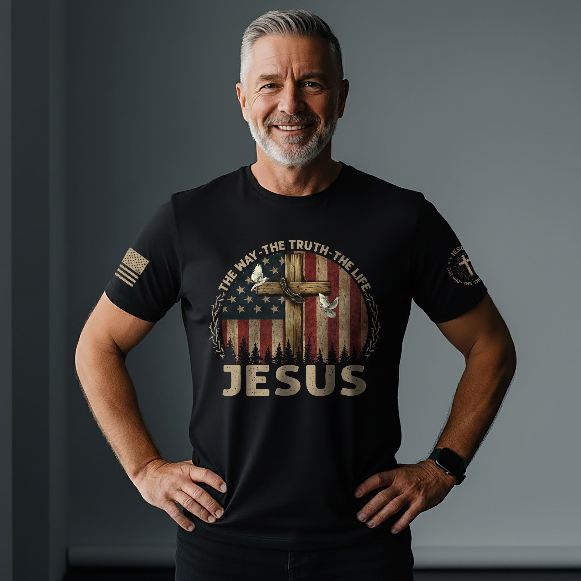 Jesus Shirt – The Way The Truth The Life USA Flag Cross Christian Tee