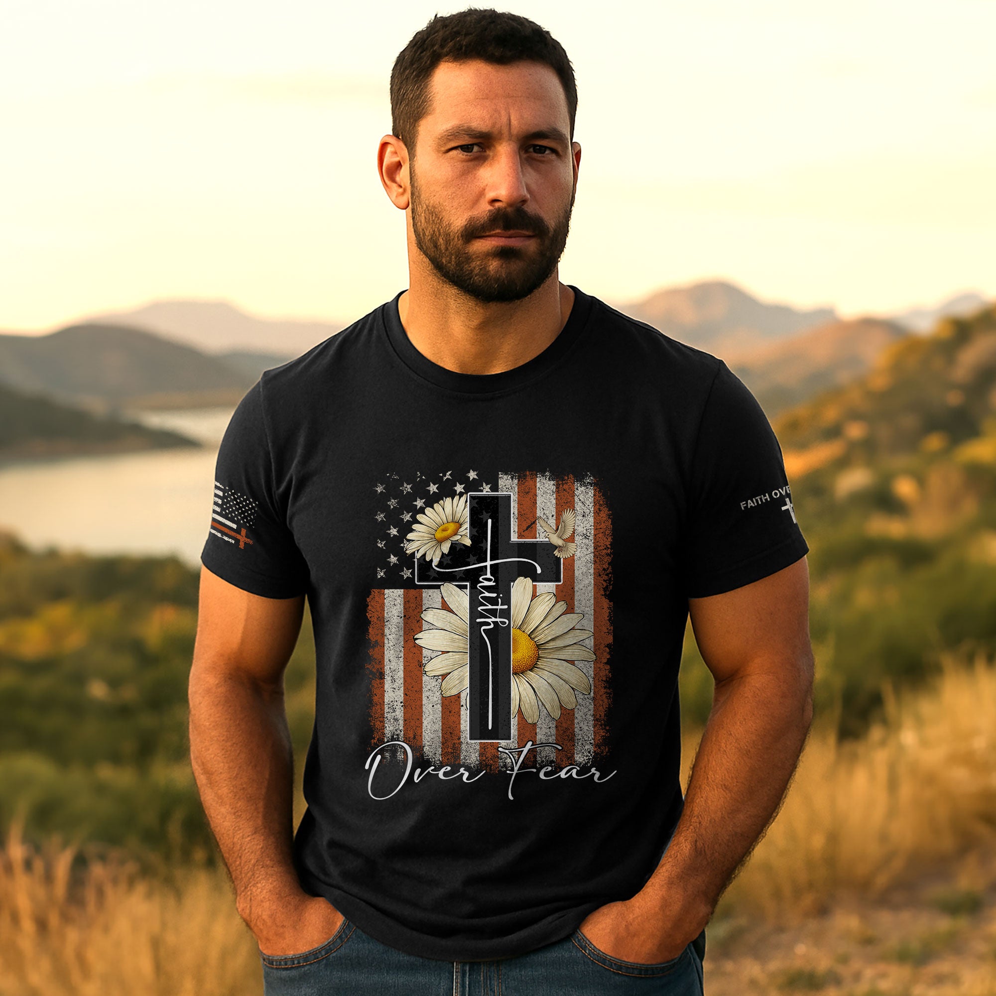 Faith Over Fear Shirt – Daisy Cross USA Flag Christian Tee