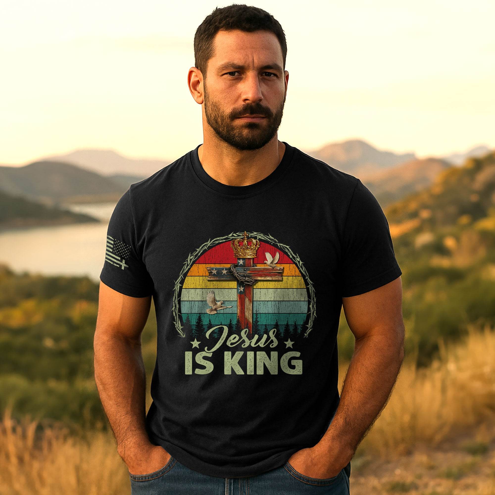 Jesus Is King Crown Cross Christian T-Shirt - Rust Field Wear