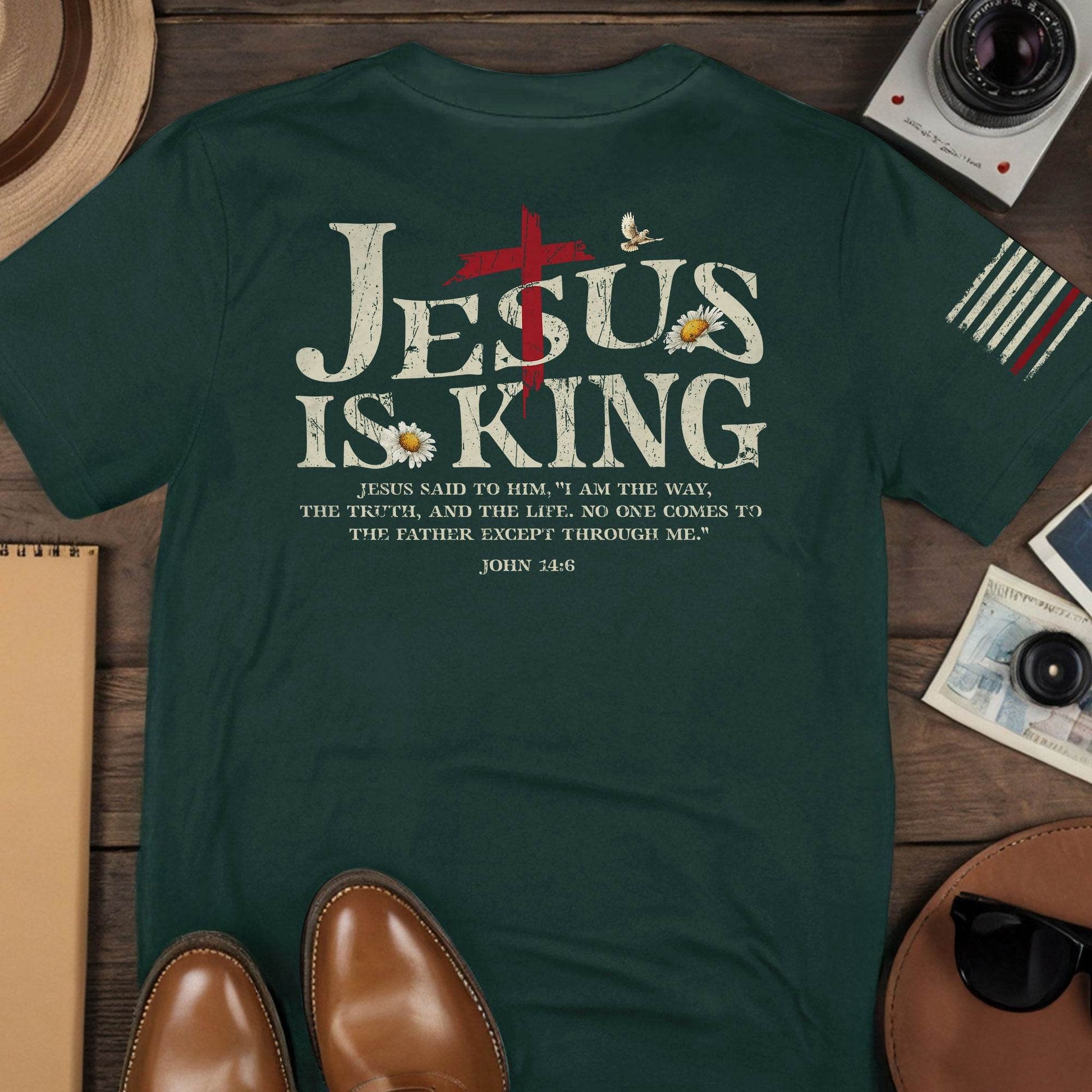 Jesus Is King | Christian Cross & American Flag Tee - Rust Field Wear