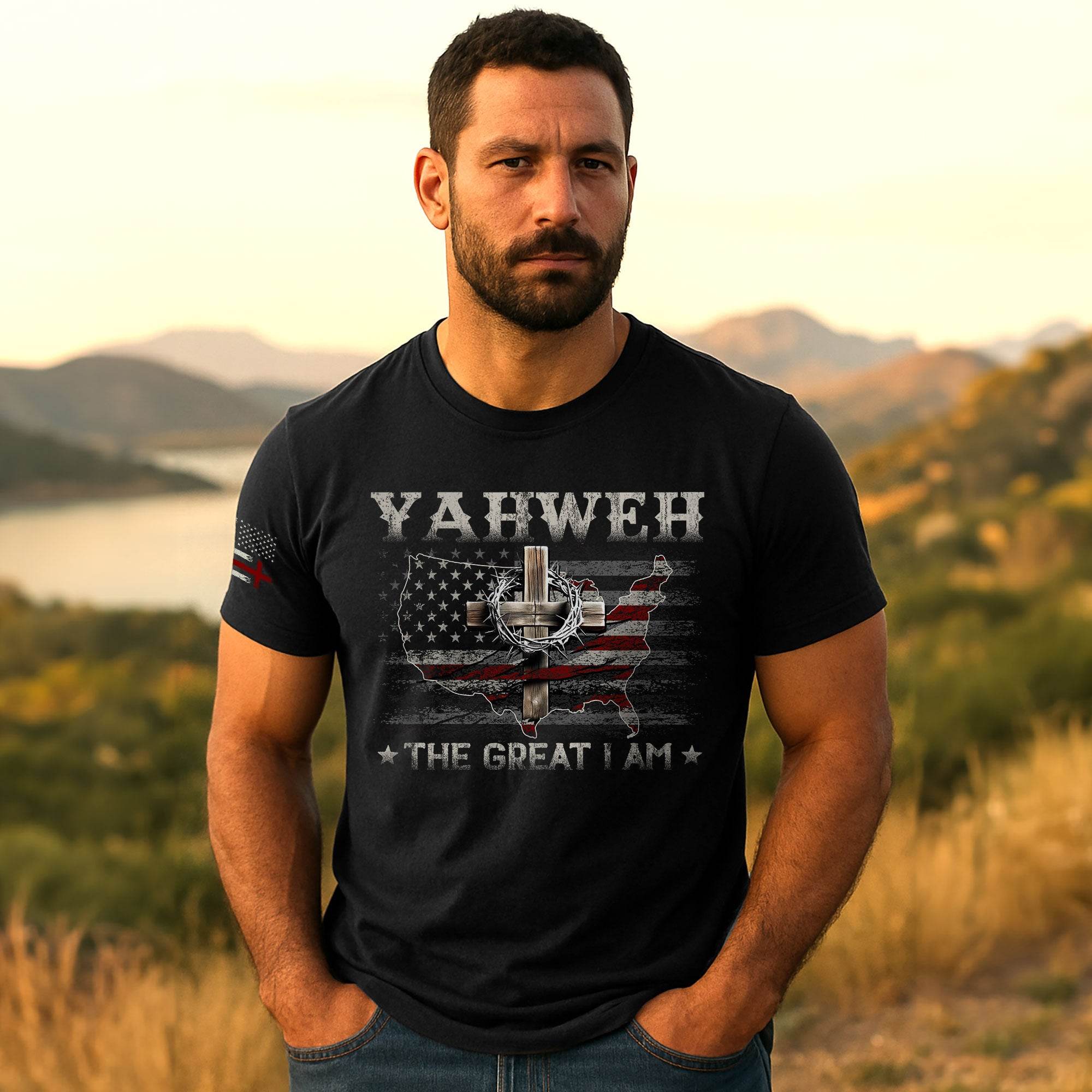 Yahweh T-Shirt – The Great I Am Christian USA Cross Tee - Rust Field Wear