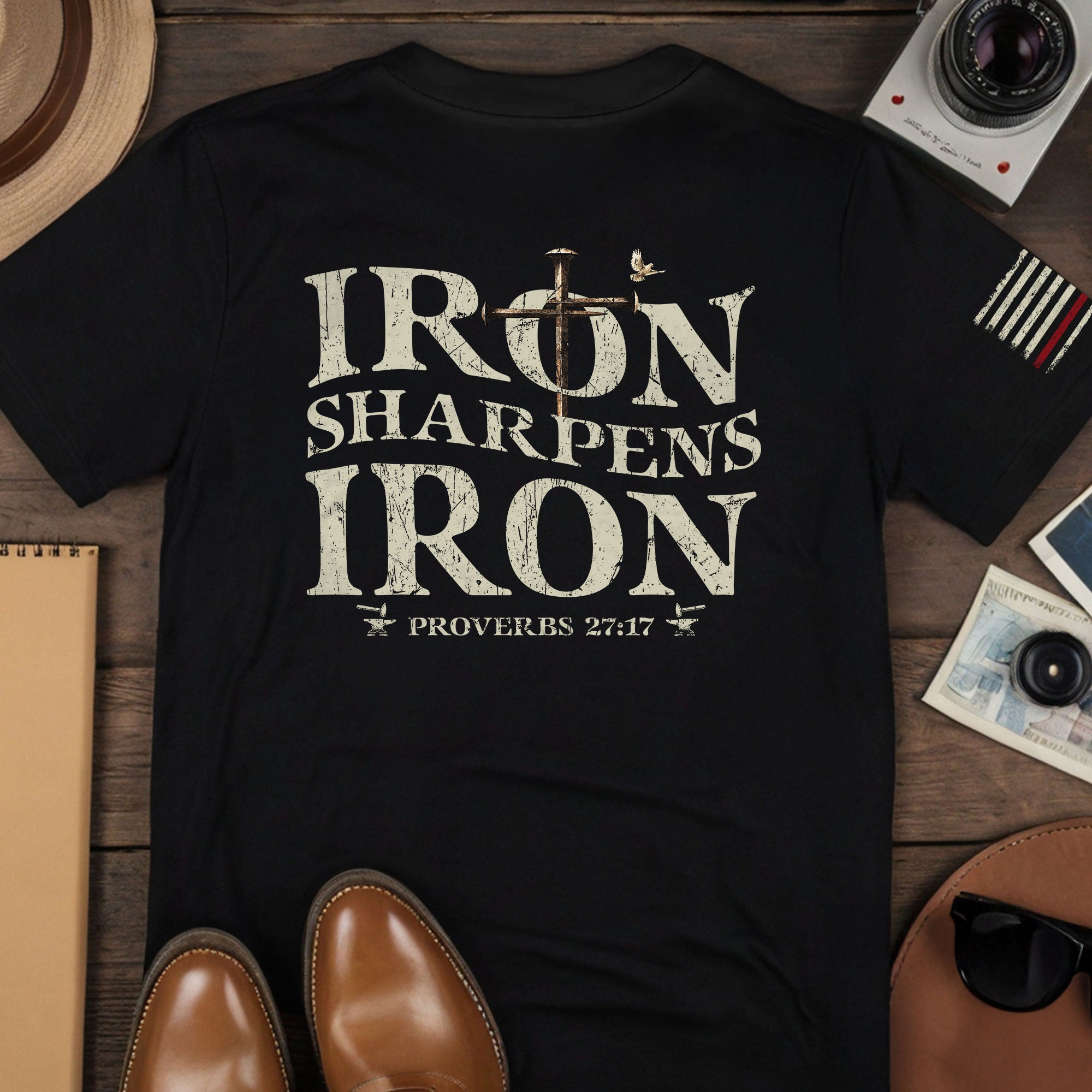 Iron Sharpens Iron | Christian Cross & American Flag Tee