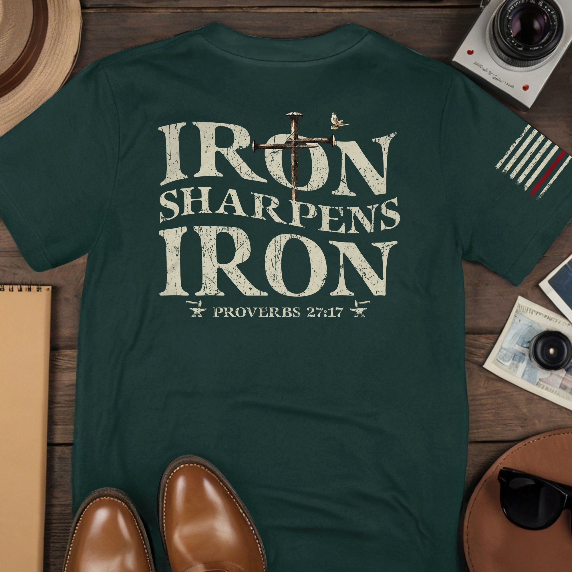 Iron Sharpens Iron | Christian Cross & American Flag Tee