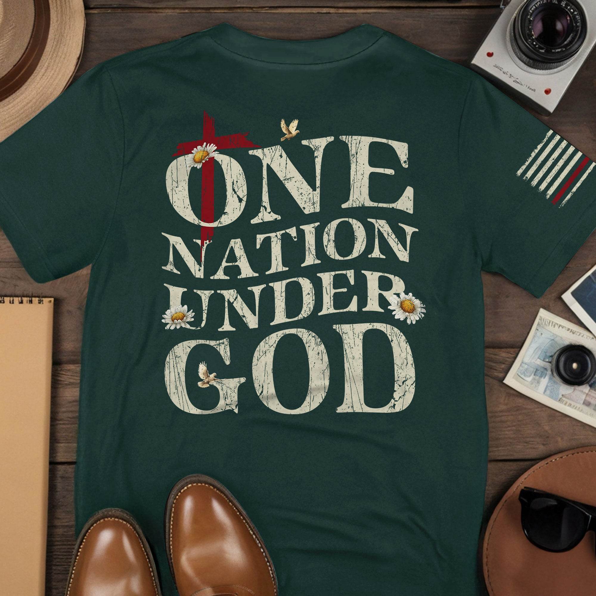 One Nation Under God | Christian Cross & American Flag Tee - Rust Field Wear