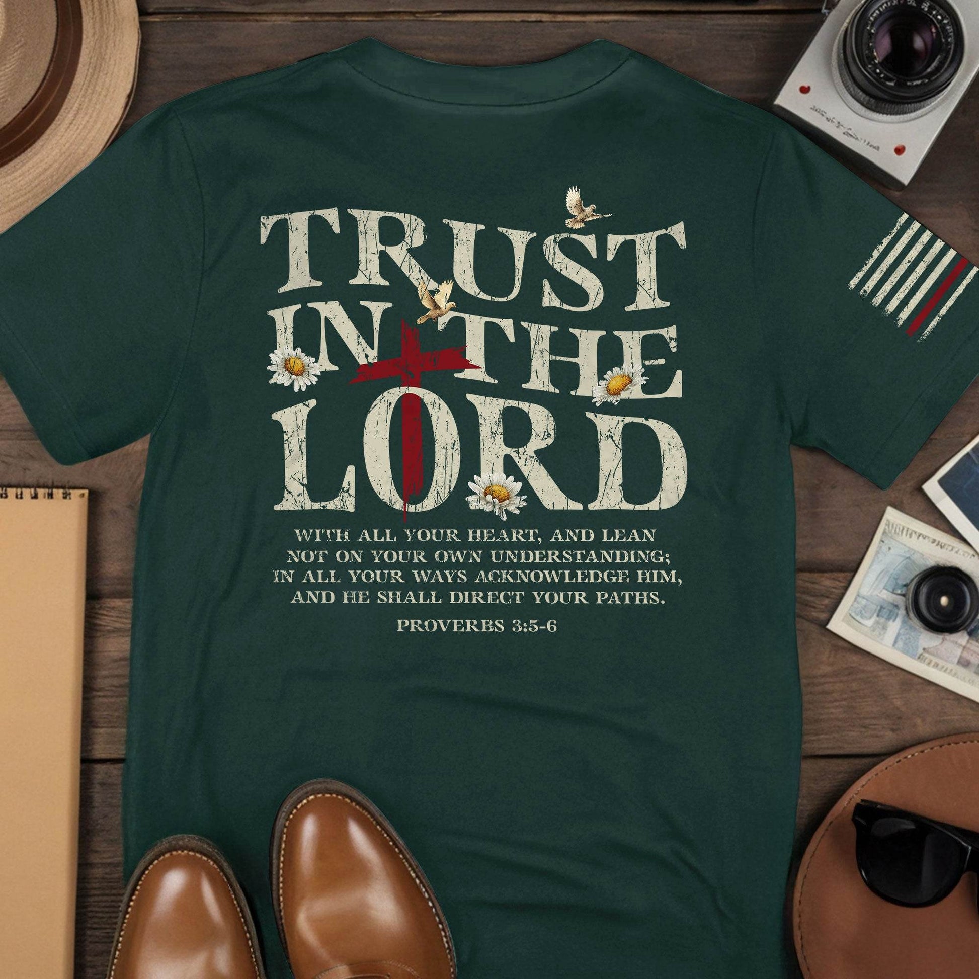 Trust in the Lord Shirt – Christian American Flag Tee, Proverbs 3:5-6 Bible Verse T-Shirt - Rust Field Wear