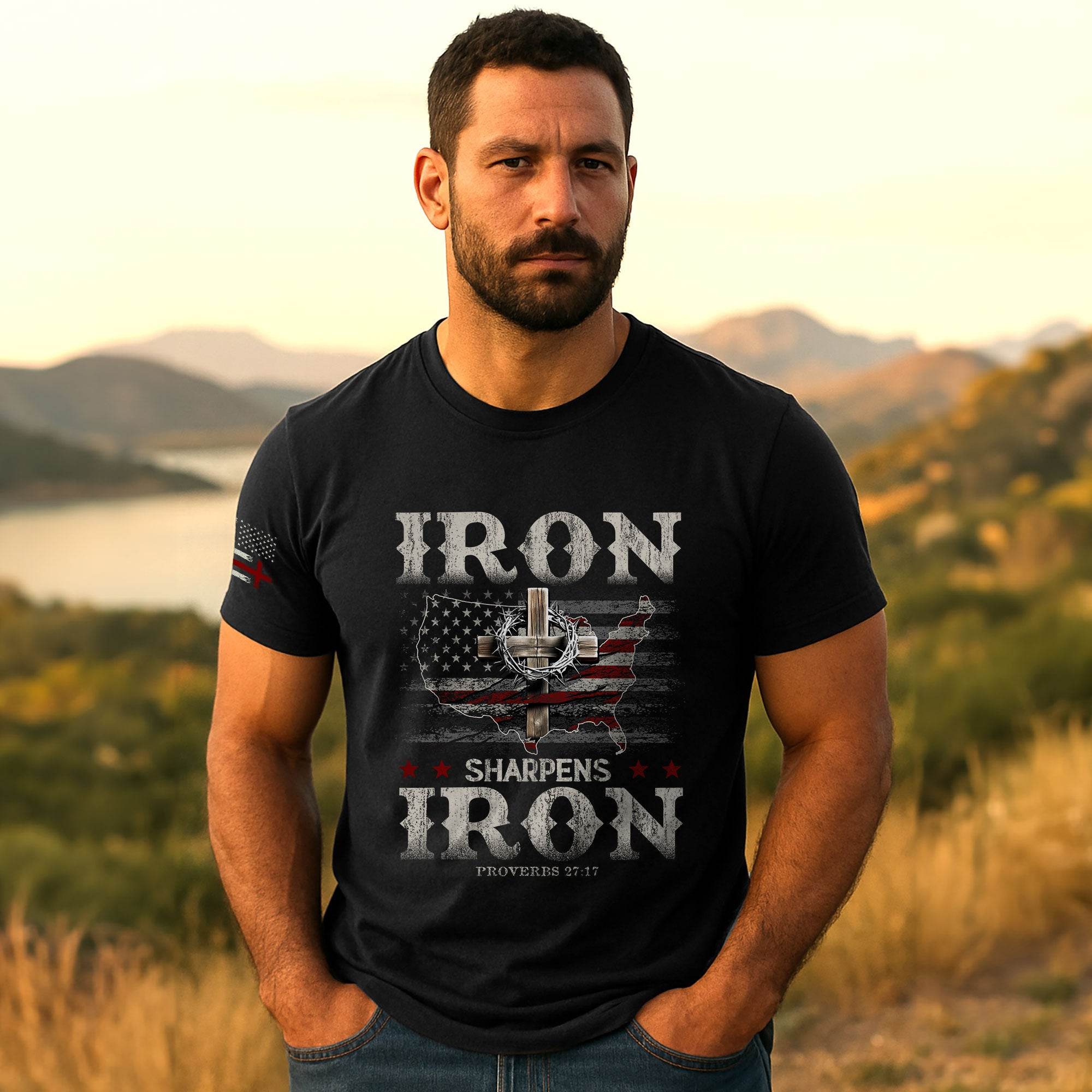 Iron Sharpens Iron T-Shirt – Proverbs 27:17 USA Faith Warrior Tee - Rust Field Wear
