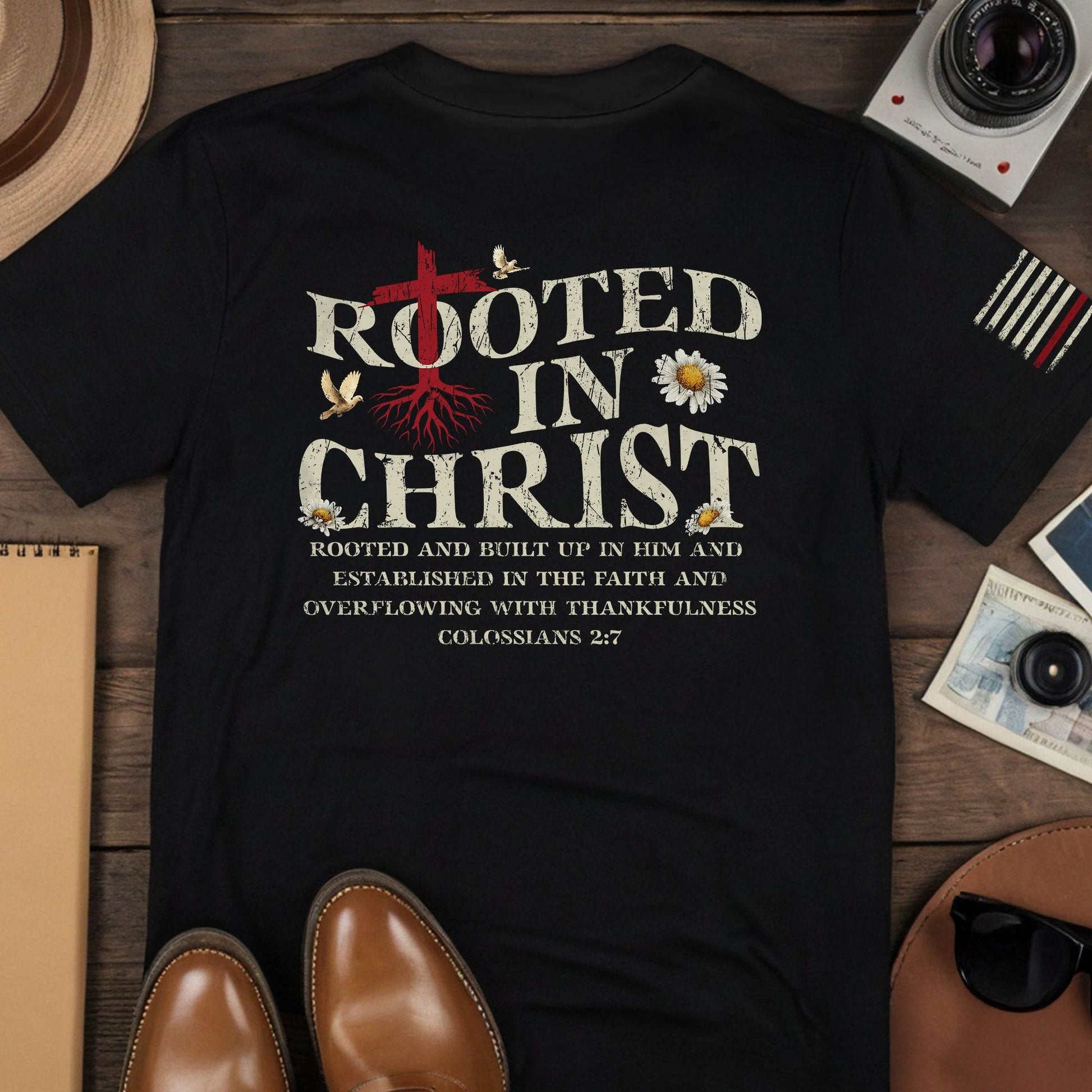 Rooted in Christ Back Print Colossians 2:7 T-Shirt - Rust Field Wear