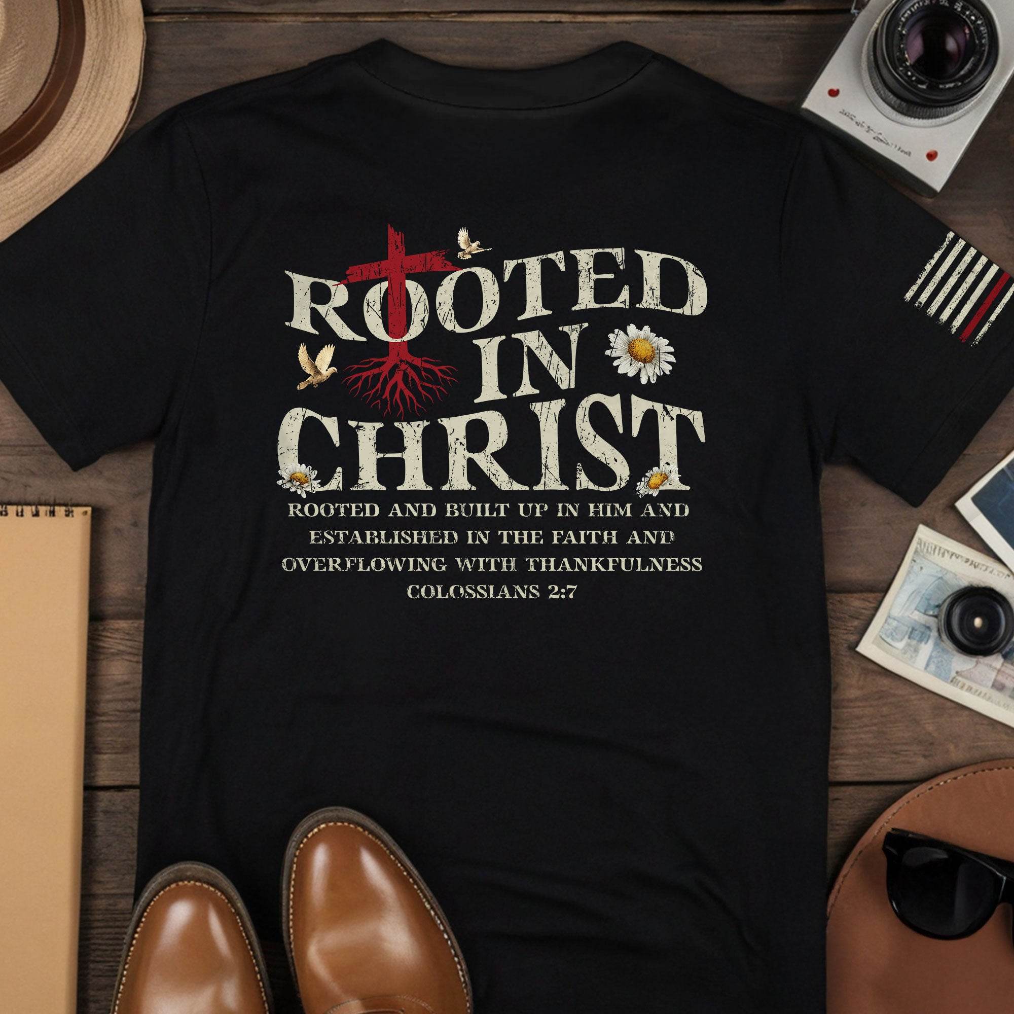 Rooted in Christ Back Print Colossians 2:7 T-Shirt - Rust Field Wear