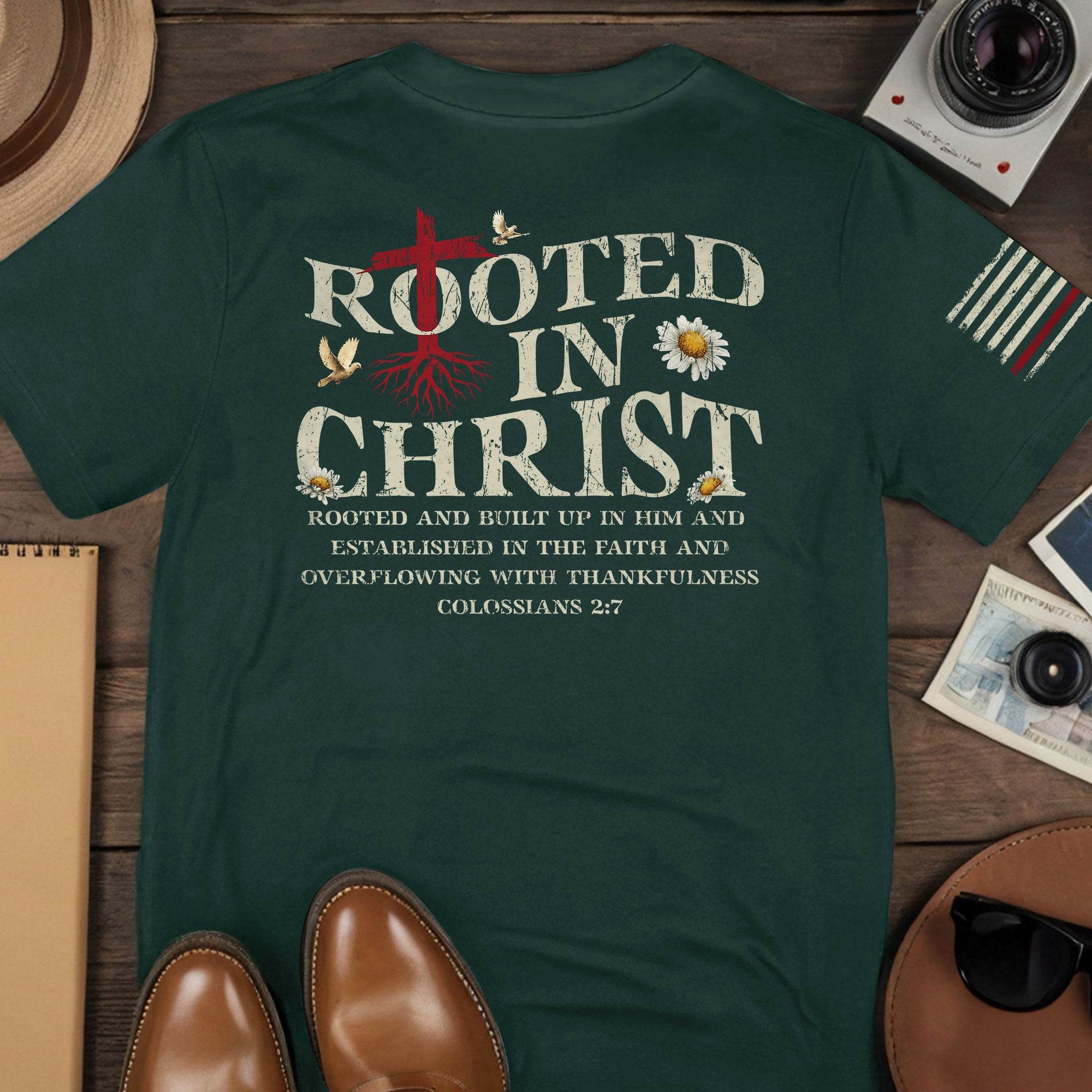 Rooted in Christ Back Print Colossians 2:7 T-Shirt - Rust Field Wear