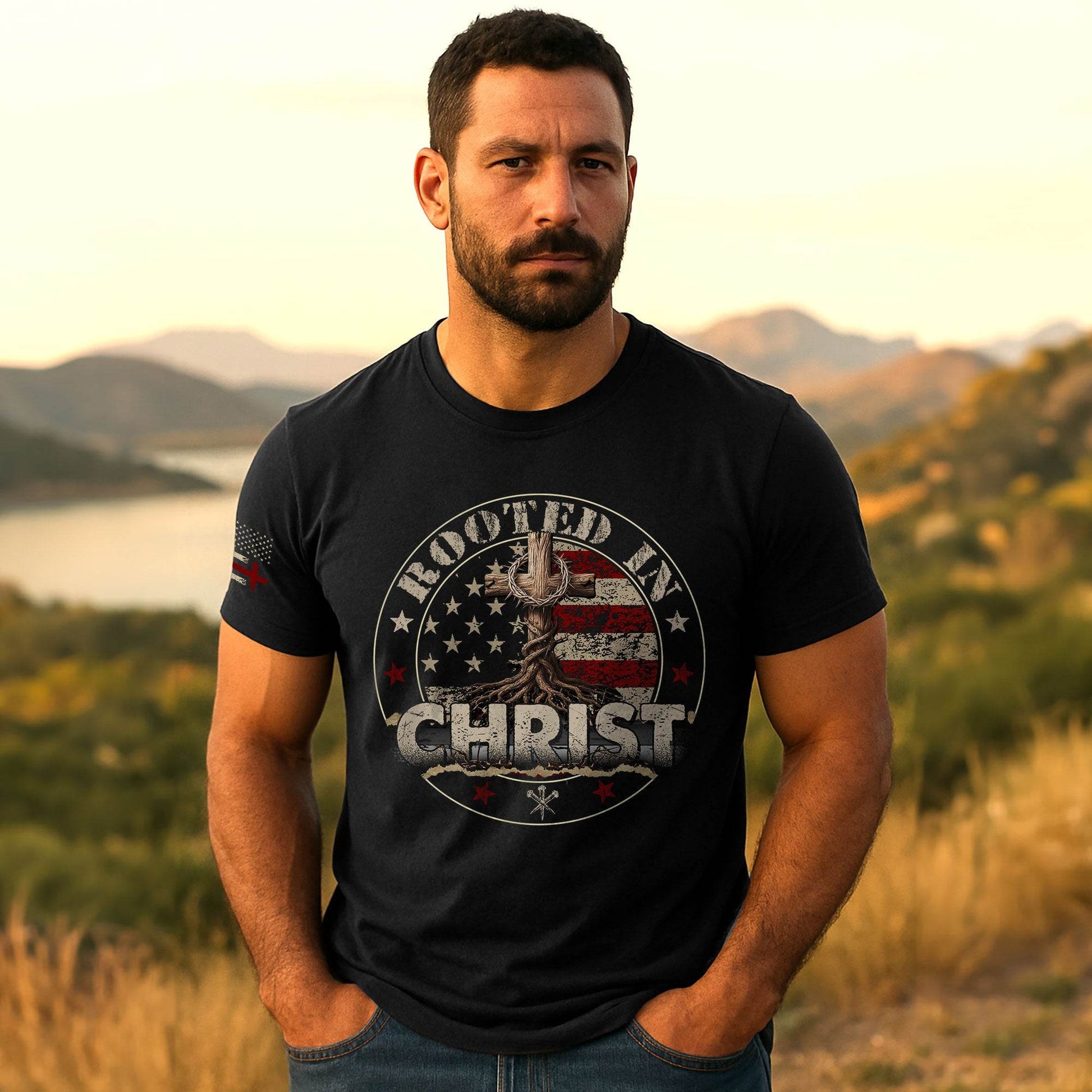 Rooted in Christ American Flag & Cross T-Shirt - Rust Field Wear