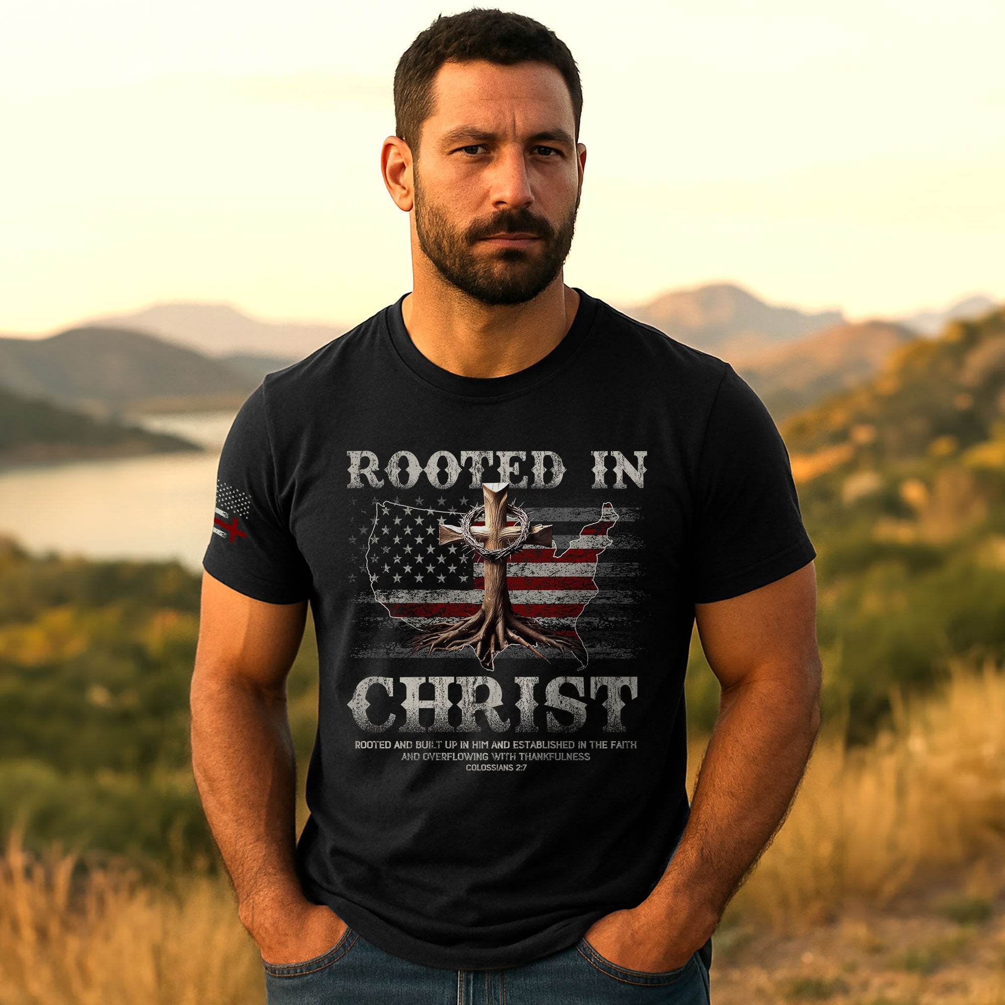 Rooted in Christ USA Flag Map Christian T-Shirt - Rust Field Wear