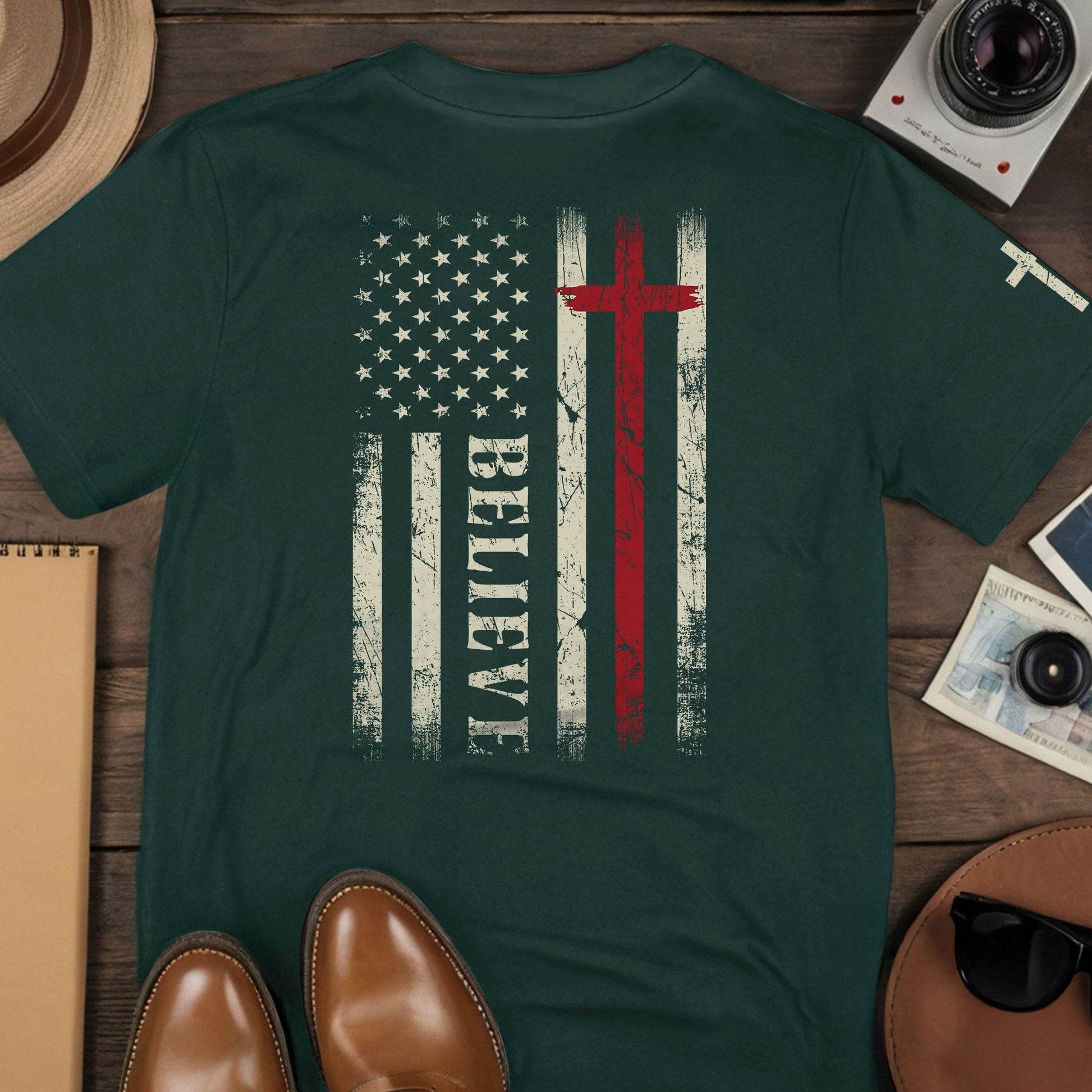 Believe American Flag Cross T-Shirt - Rust Field Wear