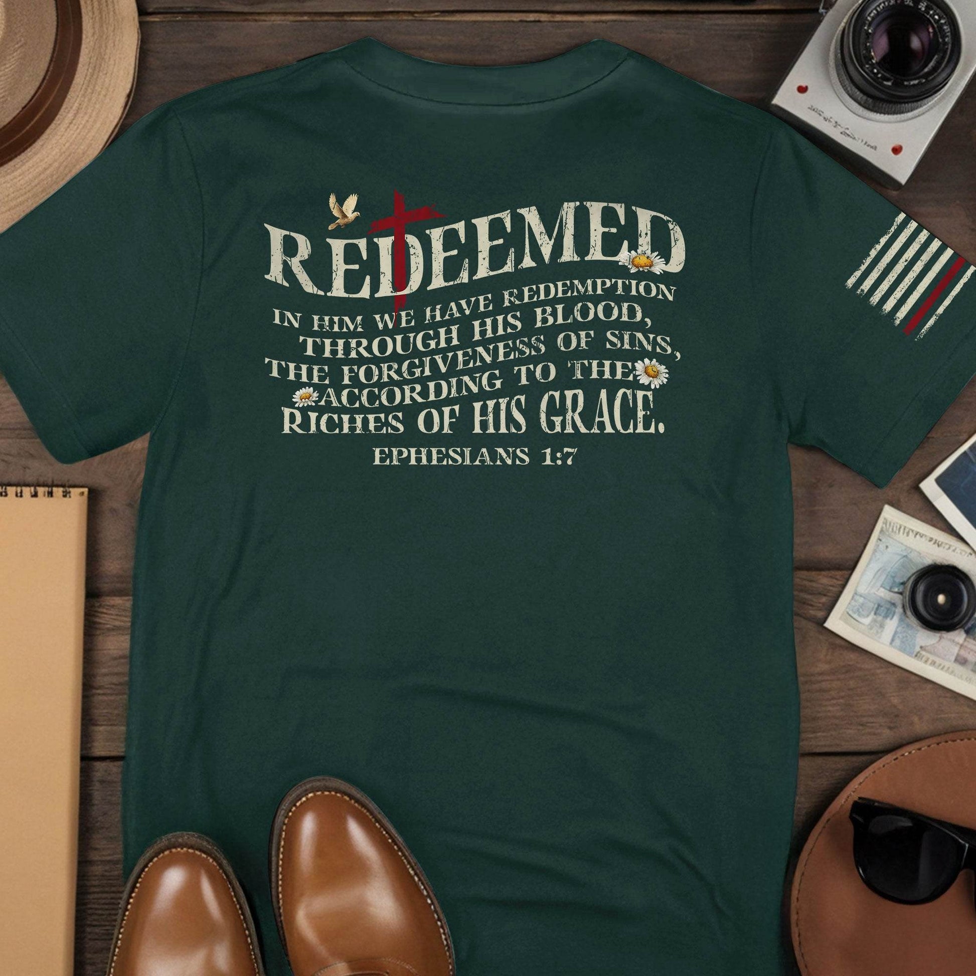 Redeemed Christian T-Shirt – Ephesians 1:7 American Flag Cross Design - Rust Field Wear