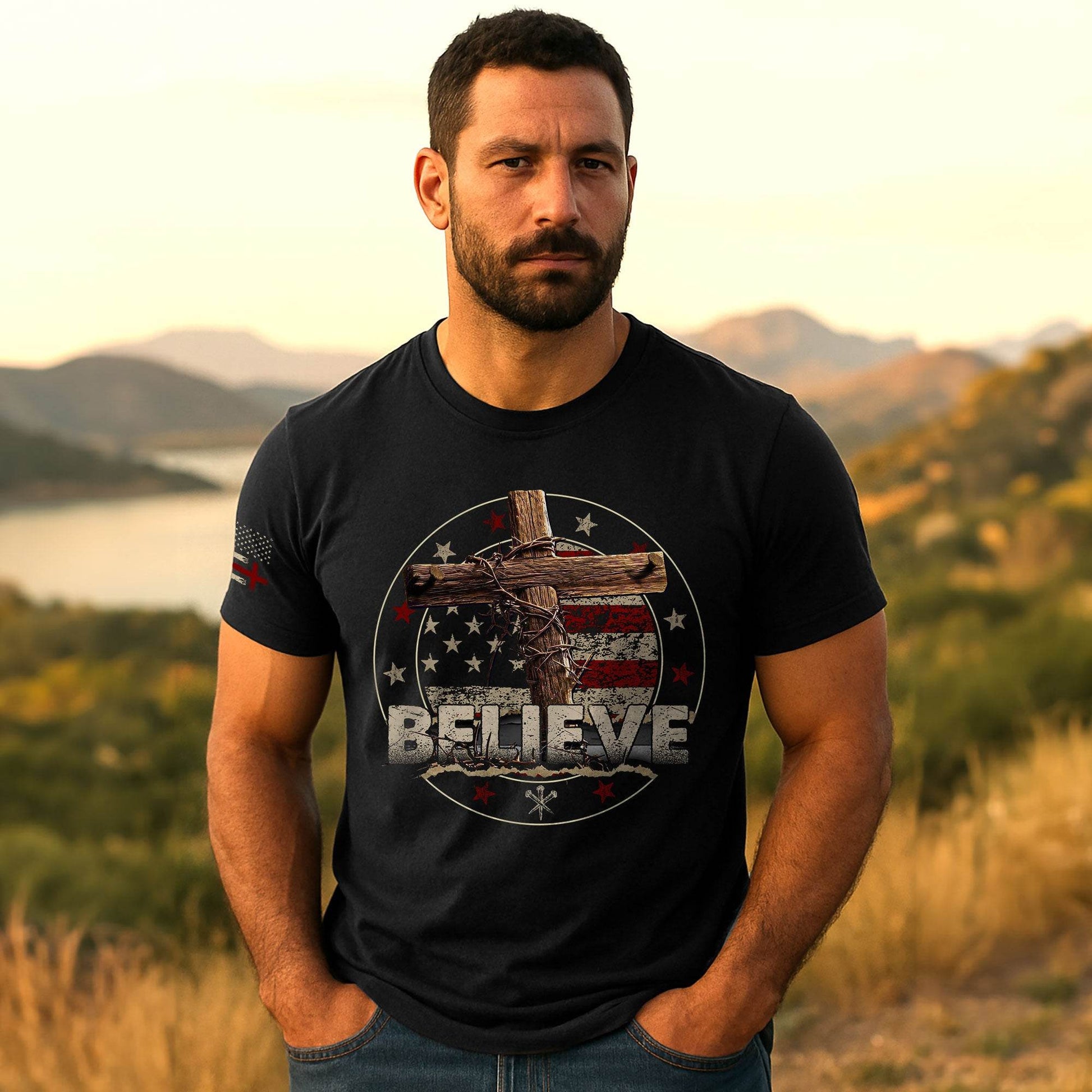 BELIEVE Christian T-Shirt – American Flag Cross & Crown of Thorns - Rust Field Wear