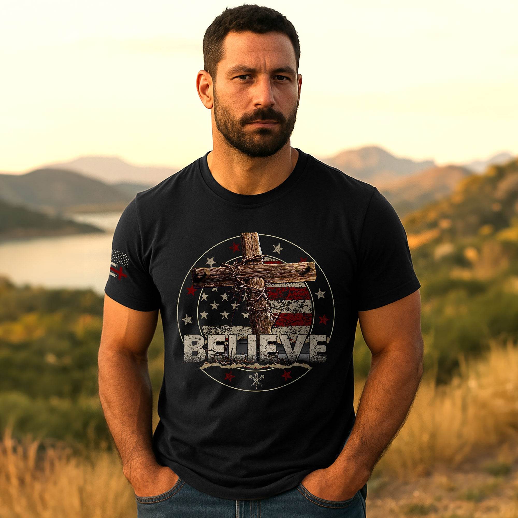 BELIEVE Christian T-Shirt – American Flag Cross & Crown of Thorns - Rust Field Wear