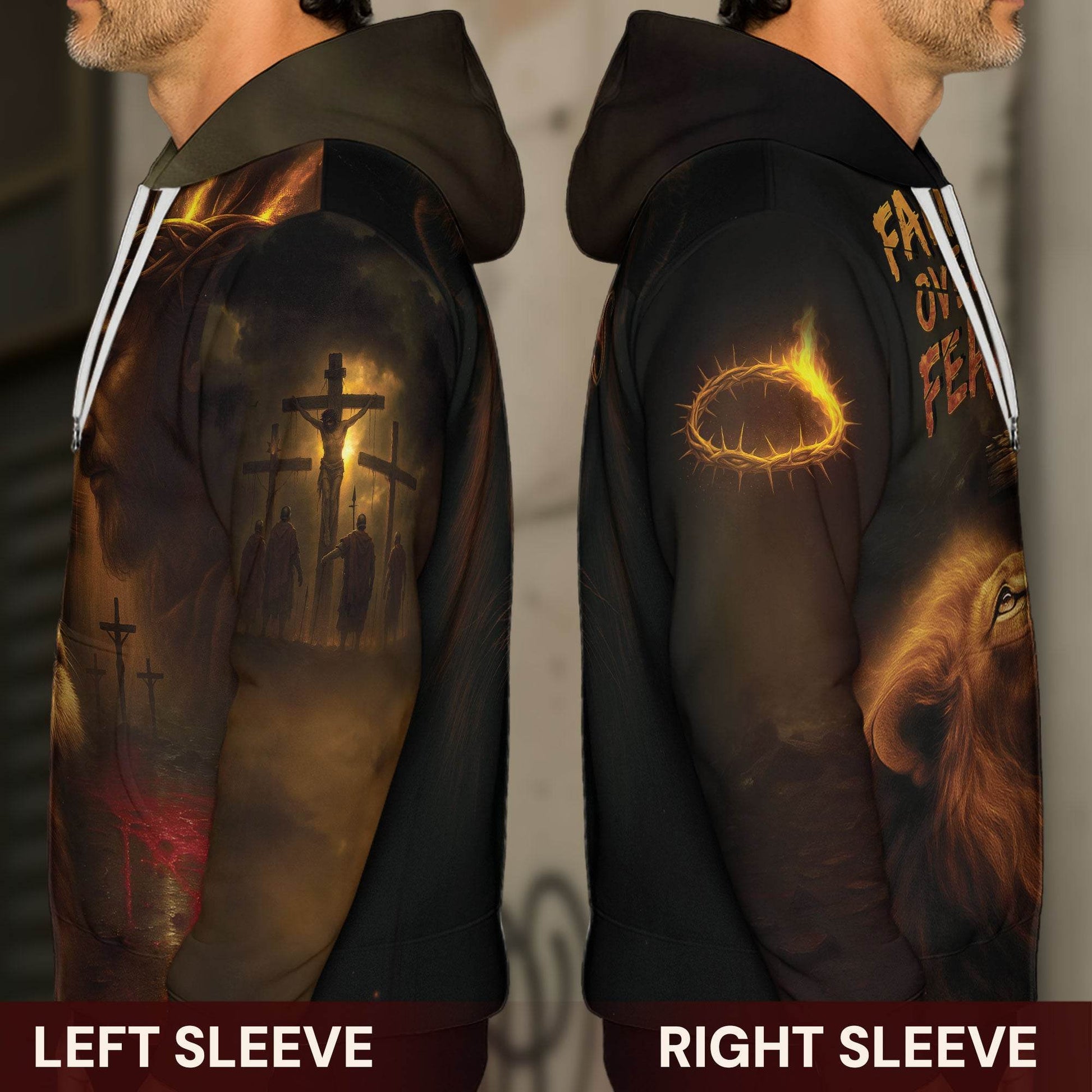 Faith Over Fear Lion & Jesus Crown of Thorns Christian Hoodie - Rust Field Wear