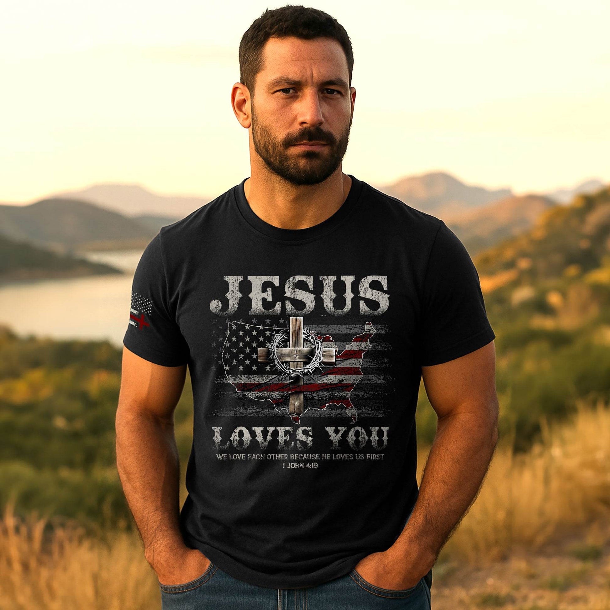 Jesus Loves You - American Flag Cross T-Shirt - Rust Field Wear