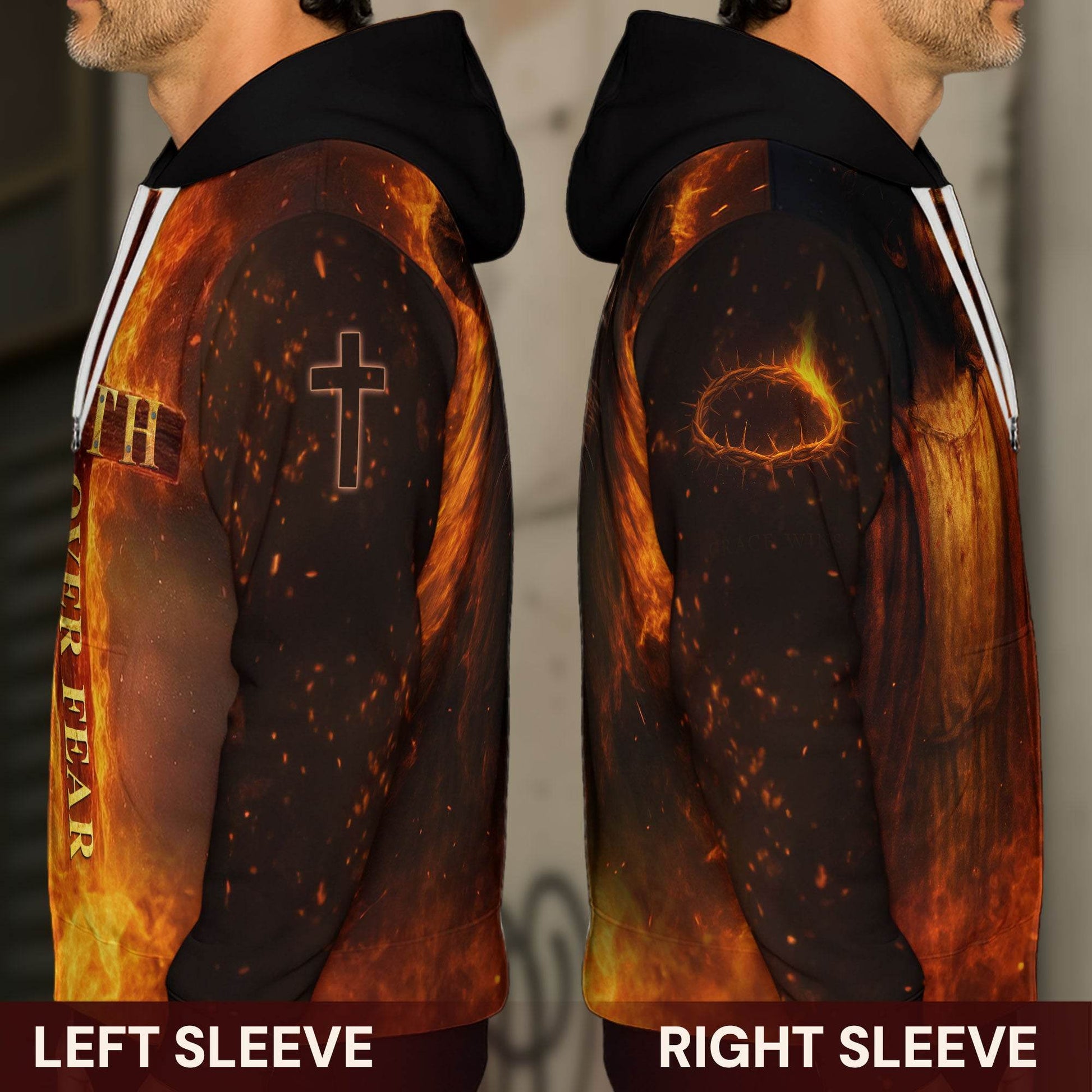Faith Over Fear Cross & Lion of Judah Flame Design Hoodie - Rust Field Wear