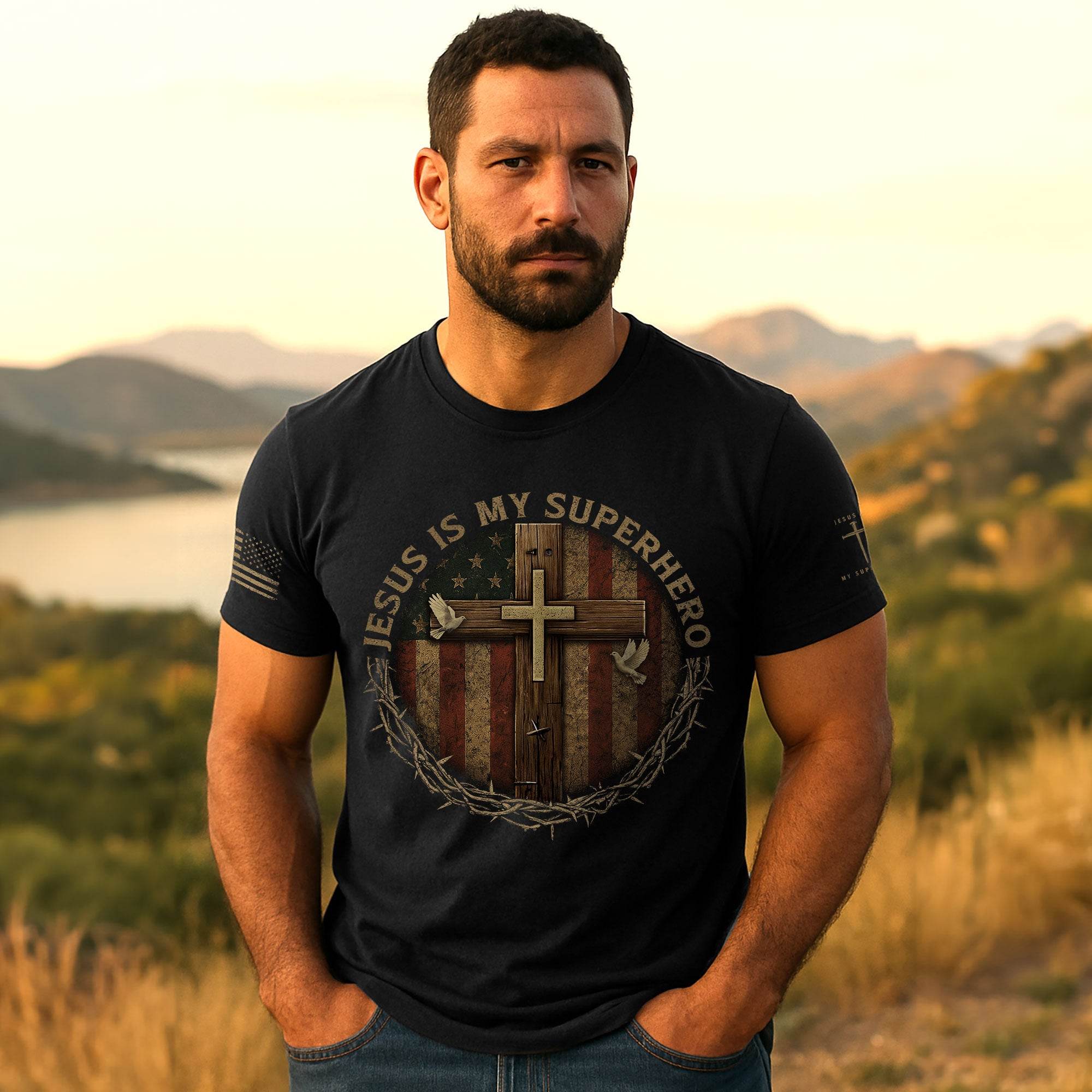 Jesus Is My Superhero Patriotic Cross T-Shirt - Rust Field Wear