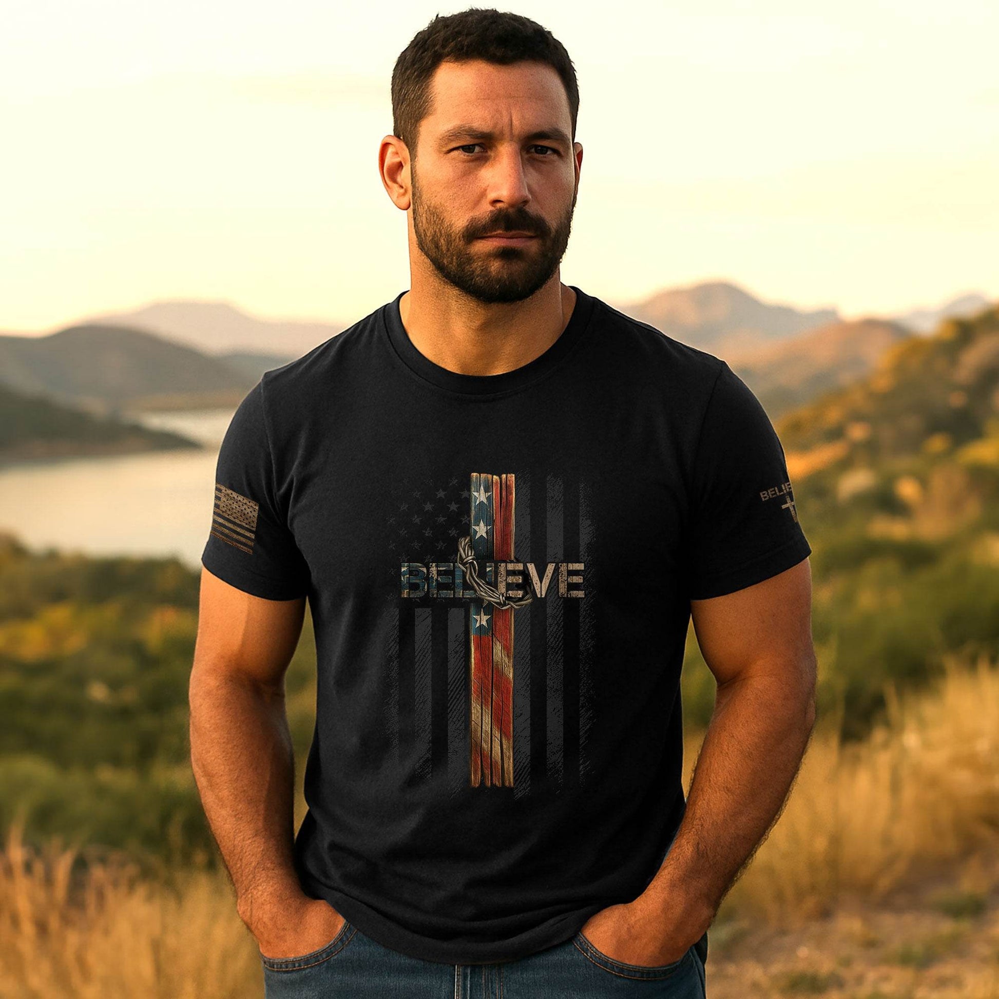 Believe American Flag Cross Christian T-Shirt - Rust Field Wear