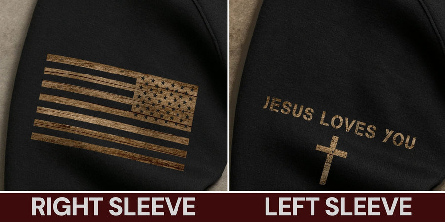 Jesus Loves You Christian Hoodie – Rustic American Flag Cross Print