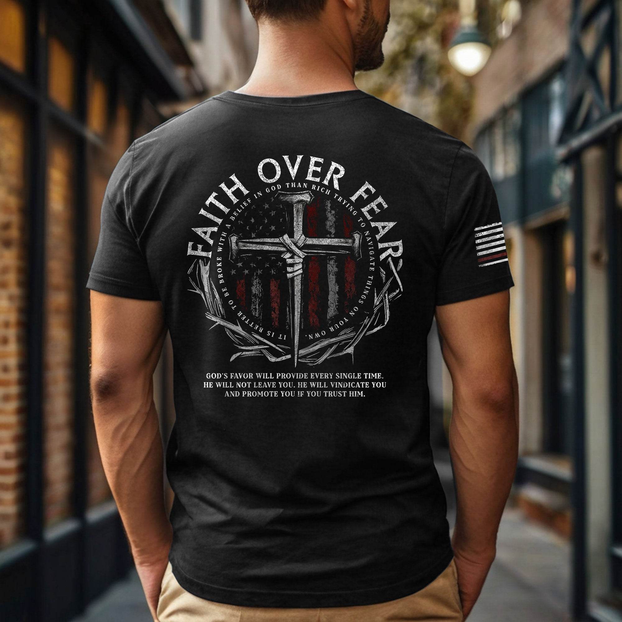 Faith Over Fear Cross With Crown of Thorns and American Flag Christian T-Shirt - Rust Field Wear