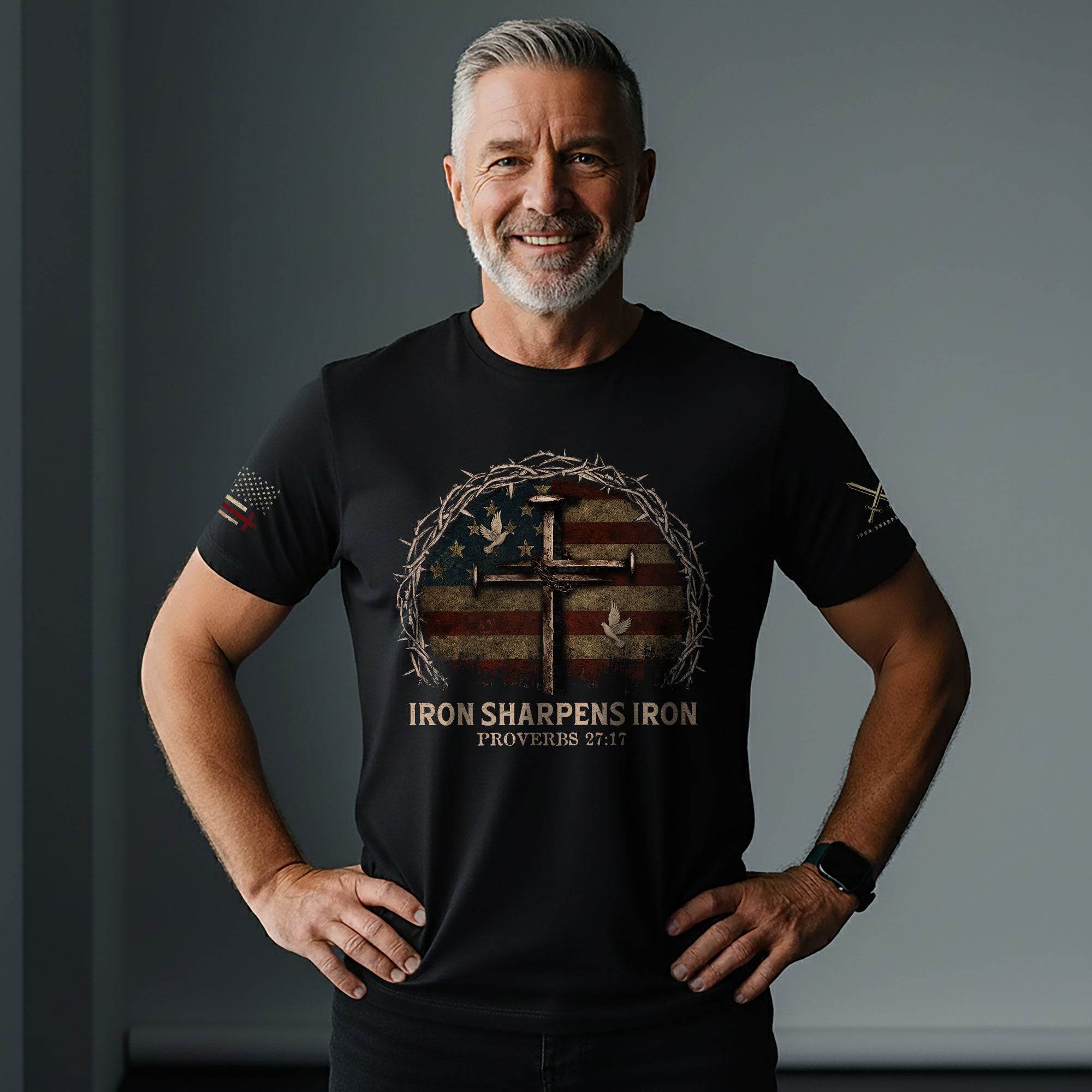 Iron Sharpens Iron Cross American Flag T-Shirt - Rust Field Wear