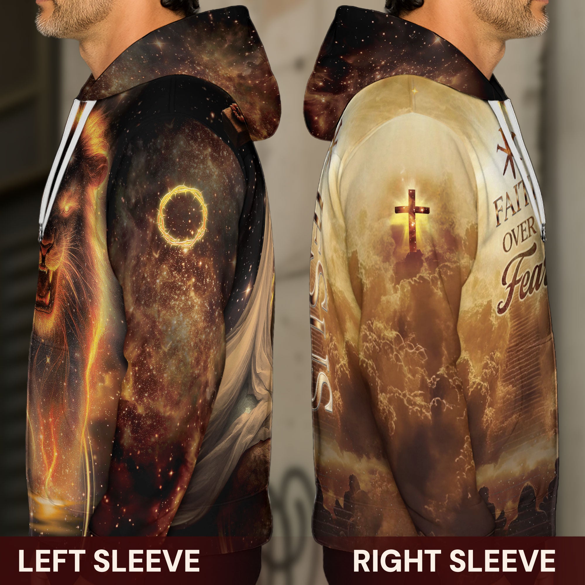 Faith Over Fear Lion & Cross with Crucifixion Scene Hoodie
