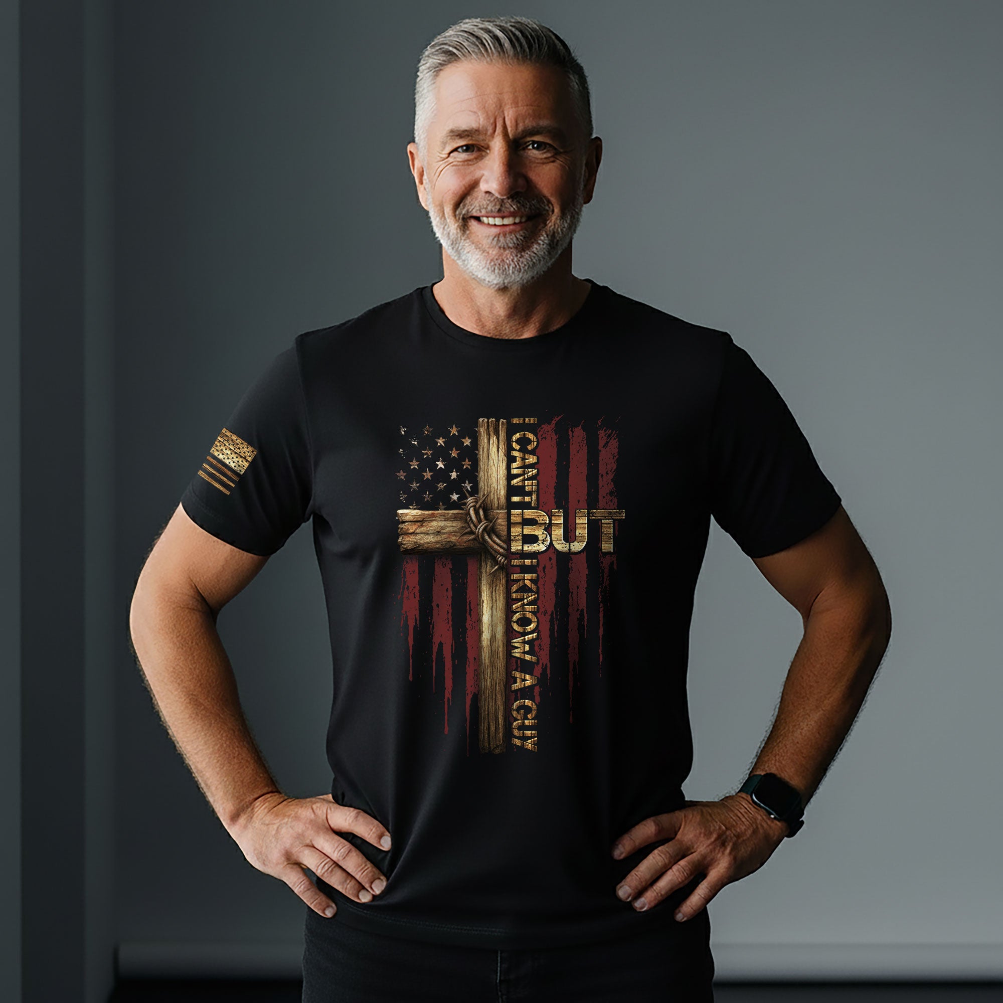 I Can’t But I Know a Guy Cross & American Flag Christian T-Shirt