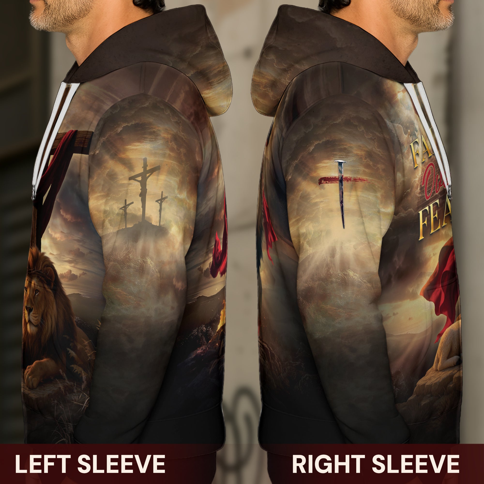 Faith Over Fear Christian Hoodie – Lion and Lamb Cross Design Bible Verse
