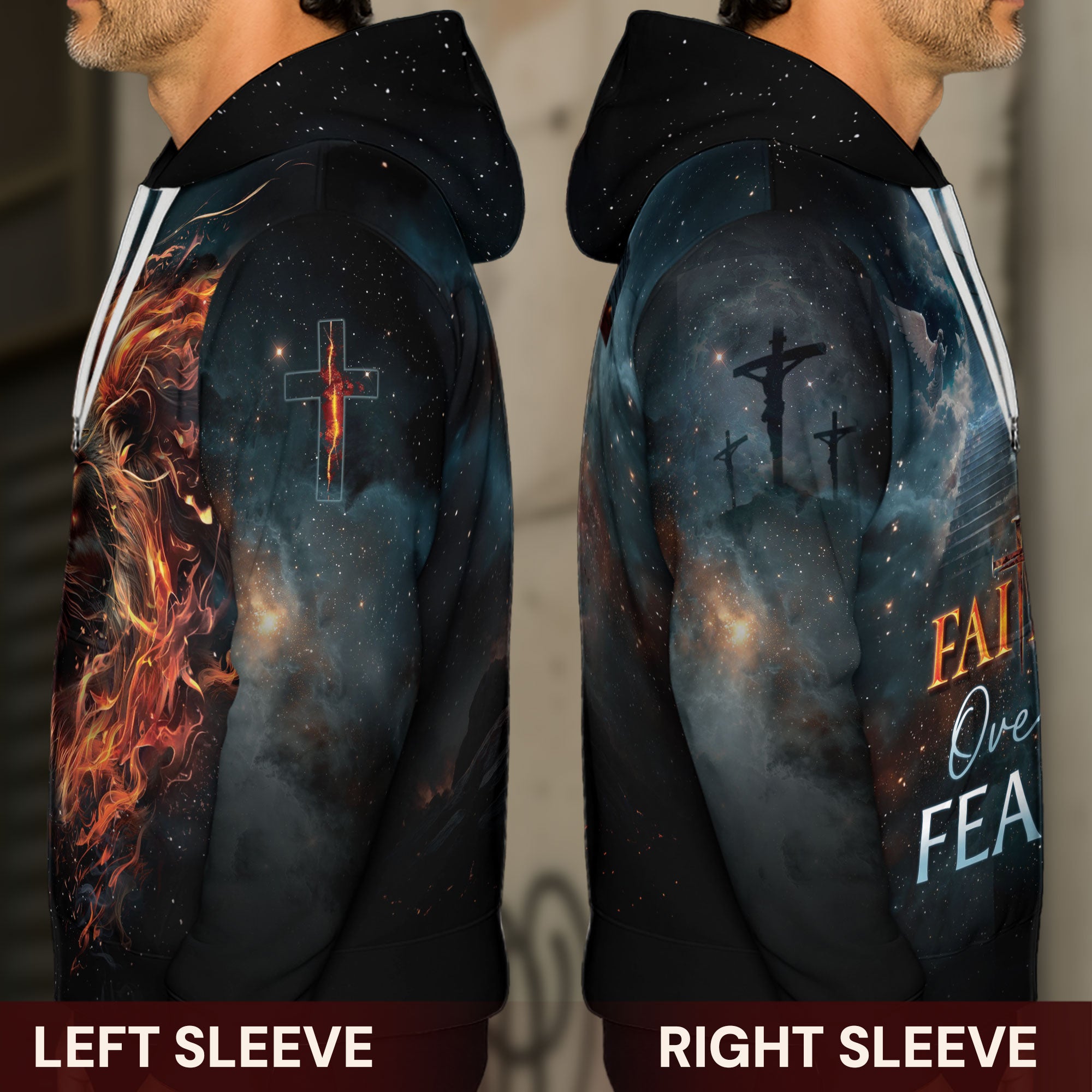 Faith Over Fear Christian Hoodie – Fiery Lion of Judah Cross Design