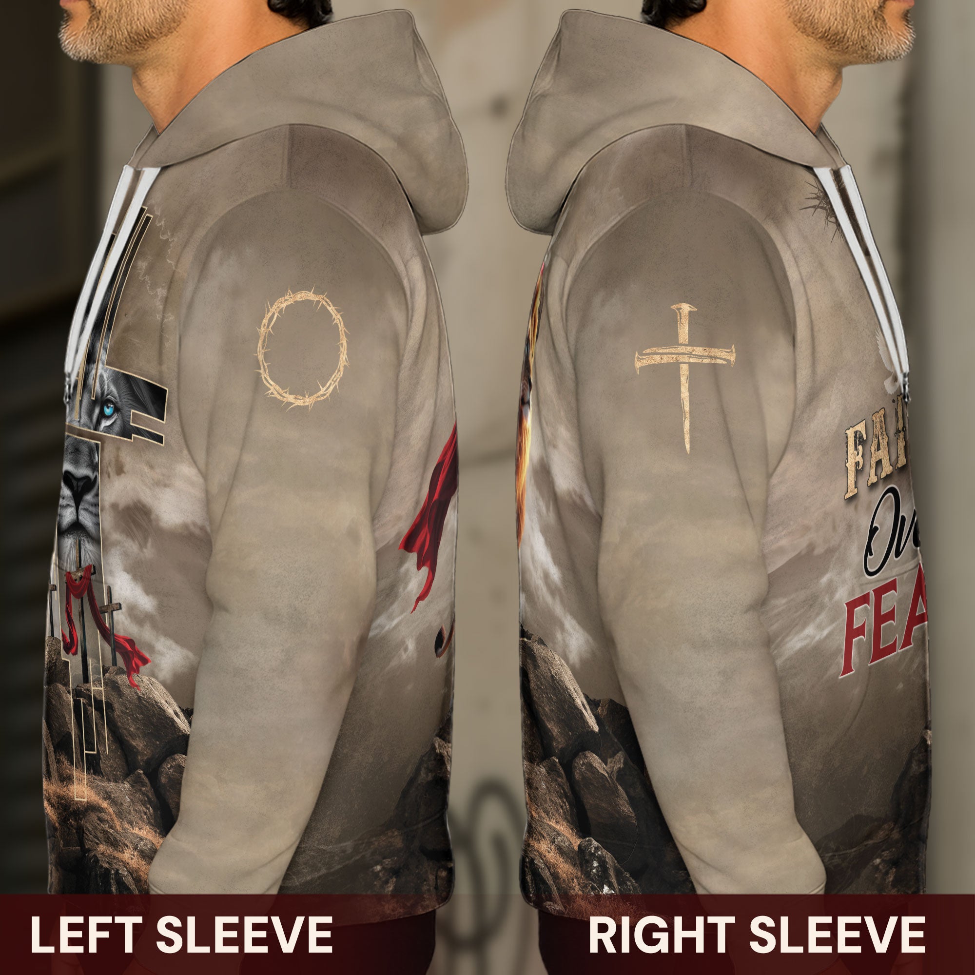 Faith Over Fear Christian Hoodie Lion Cross Desert Design