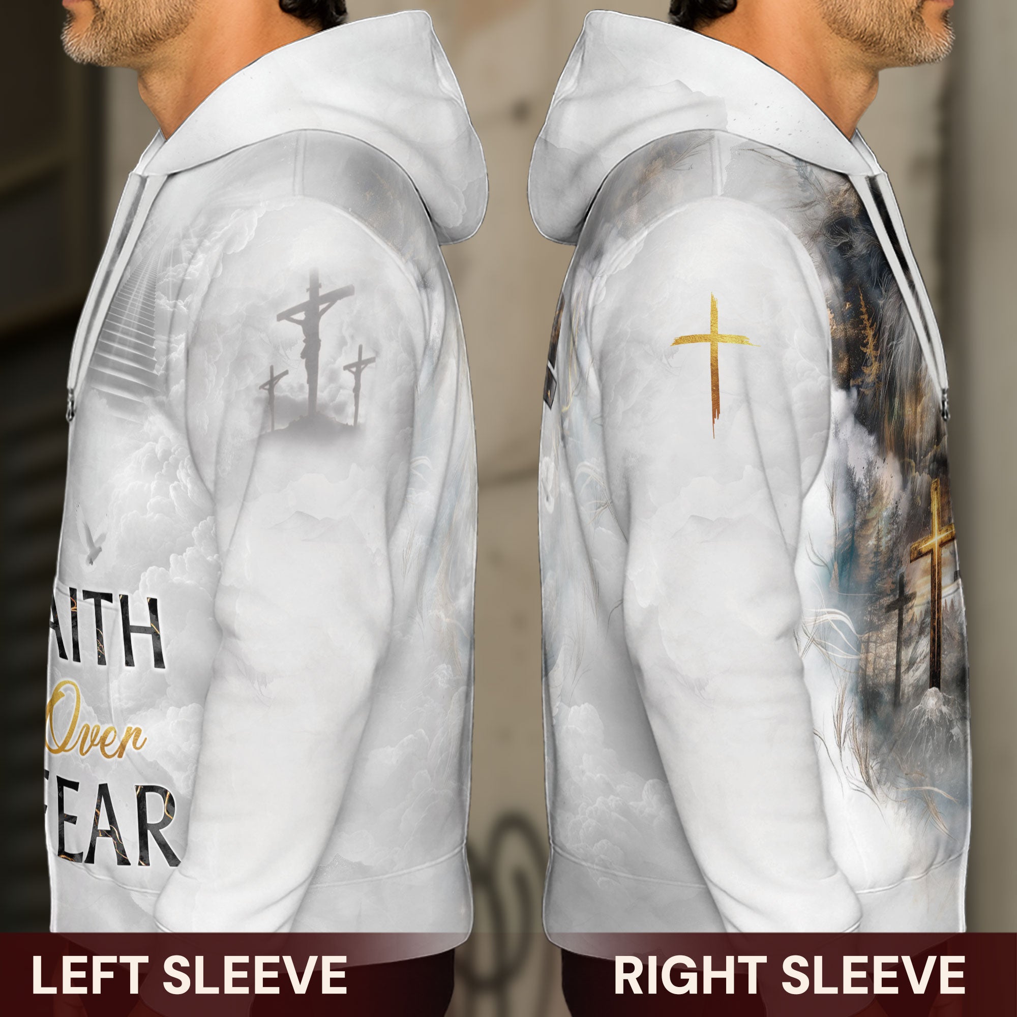 Faith Over Fear Christian Hoodie White Lion Cross Heaven Design
